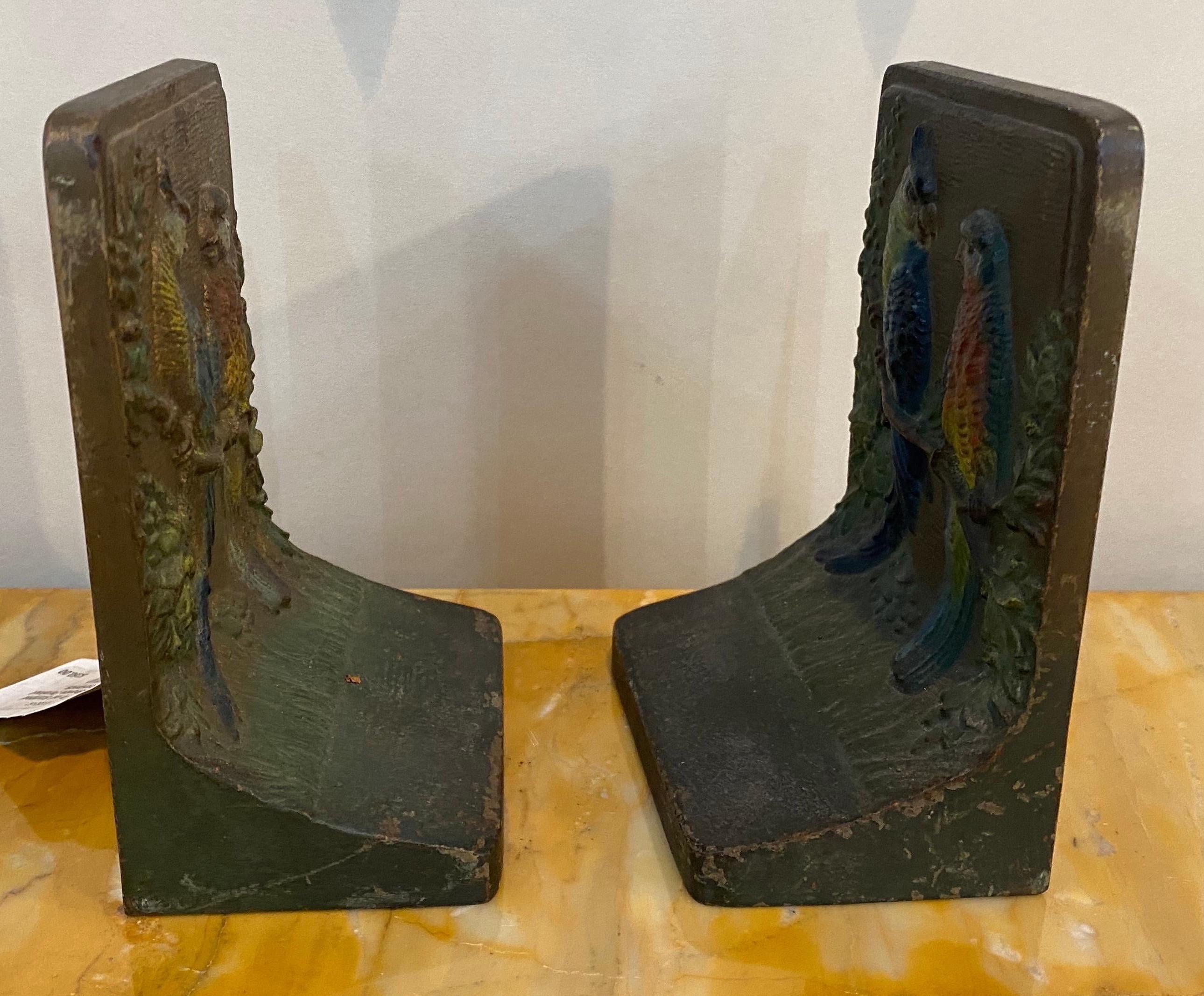 Bronze Pair of early 20th Century Polychrome Bookends of Parrots by Bradley and Hubbard For Sale