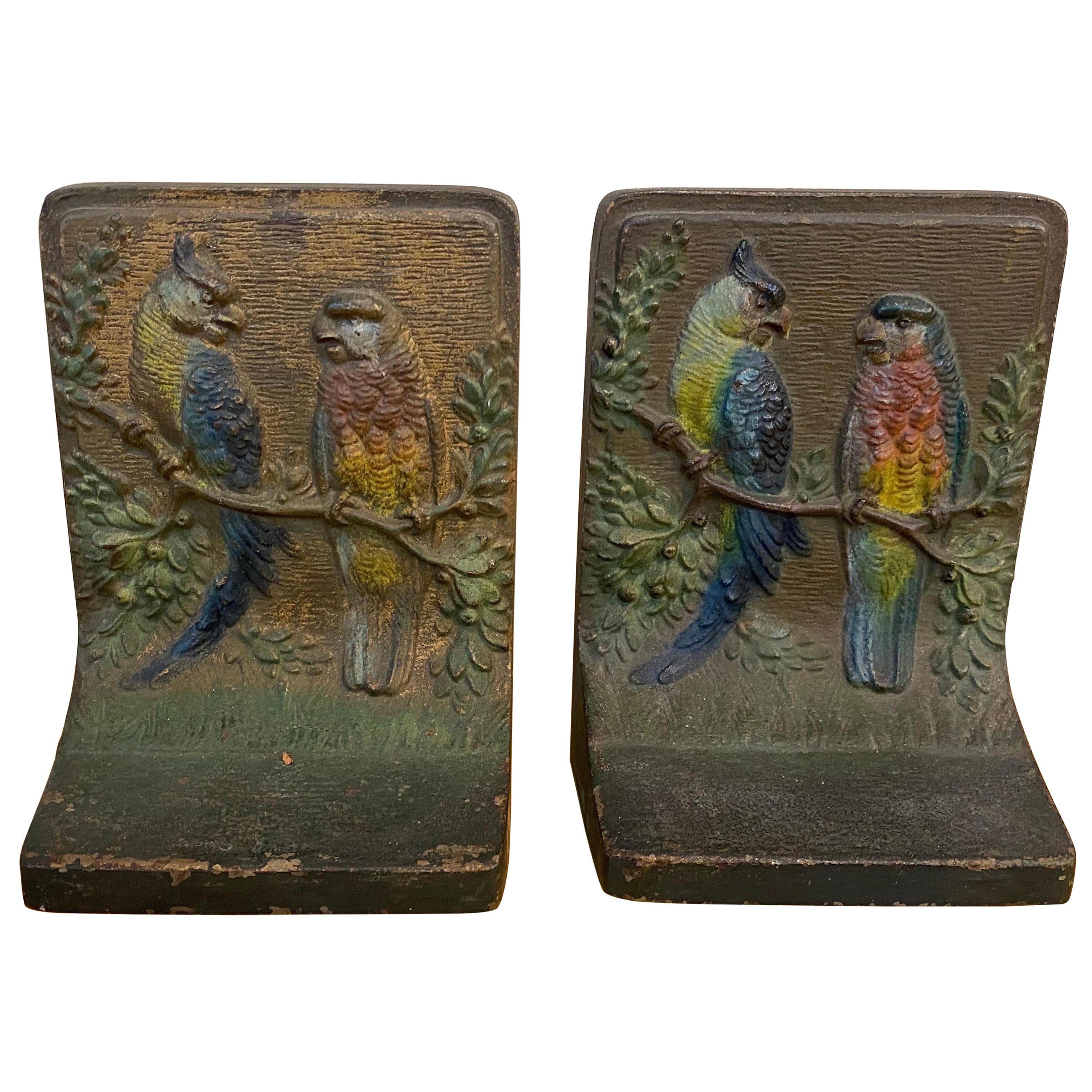 Pair of early 20th Century Polychrome Bookends of Parrots by Bradley and Hubbard For Sale