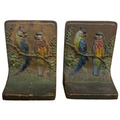 Pair of early 20th Century Polychrome Bookends of Parrots by Bradley and Hubbard