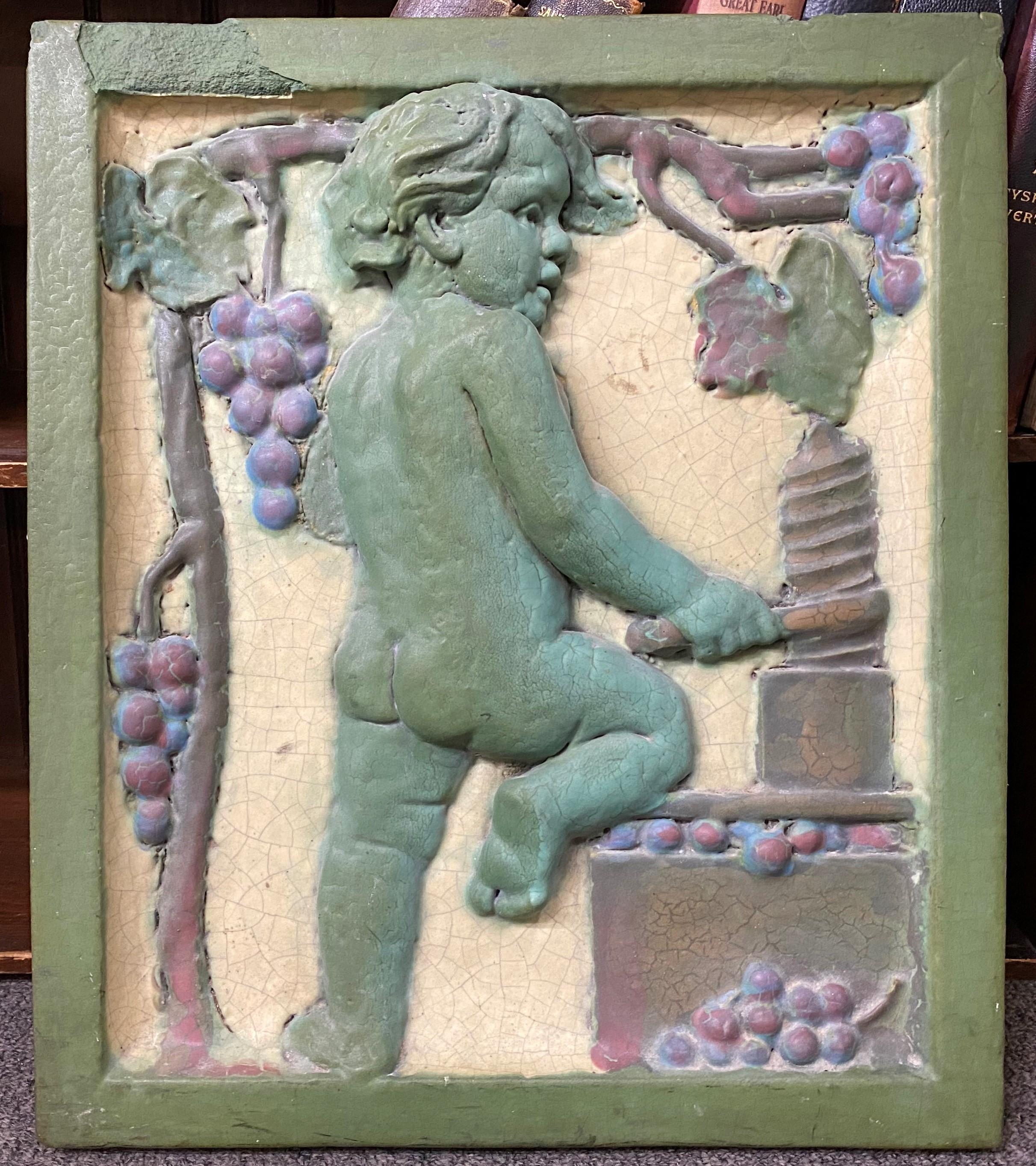Pair of Early 20th Century Polychrome Putti Architectural Tiles with Grape Motif For Sale 1