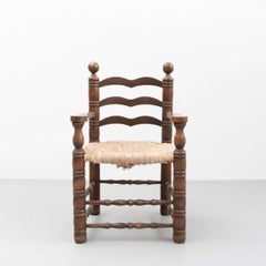 Pair of Early 20th Century Popular Rustic Armchair in Wood and Rattan
