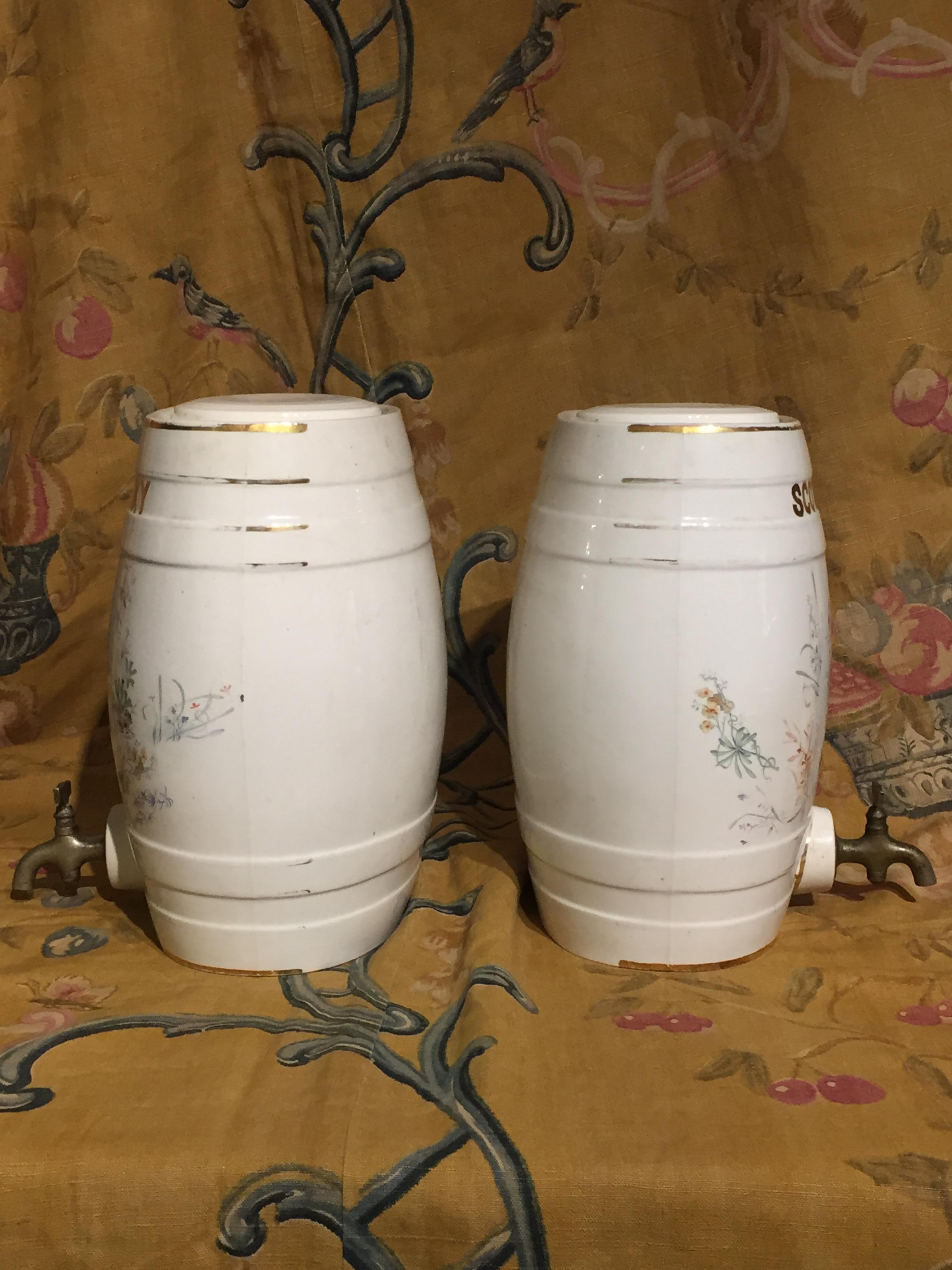 Georgian Pair of Early 20th Century Pottery Whisky Barrels with Original Lids and Taps For Sale