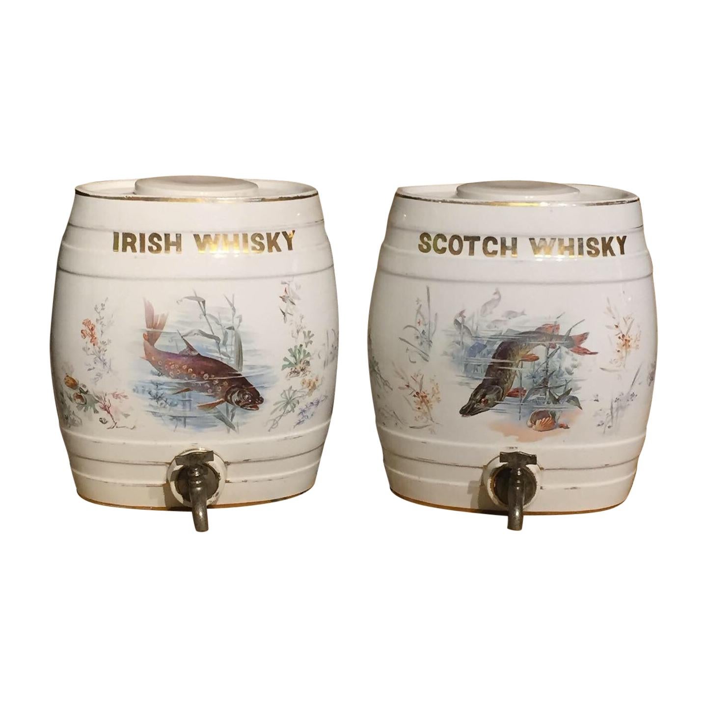 Pair of Early 20th Century Pottery Whisky Barrels with Original Lids and Taps For Sale