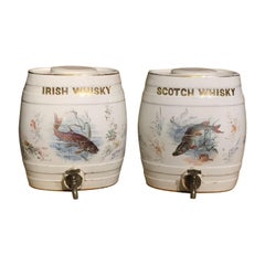 Pair of Early 20th Century Pottery Whisky Barrels with Original Lids and Taps