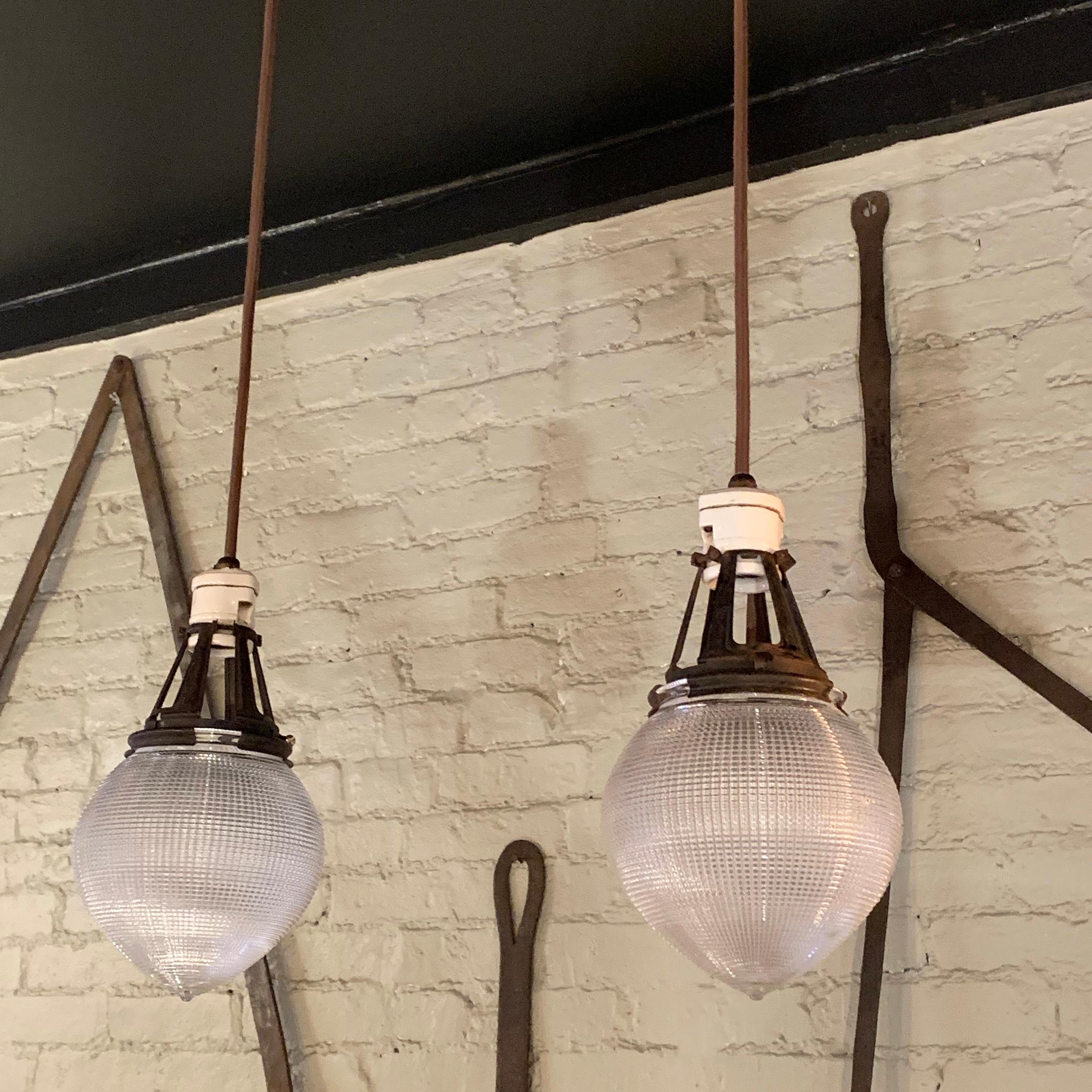 Industrial Pair of Early 20th Century Prismatic Holophane Acorn Pendant Lights