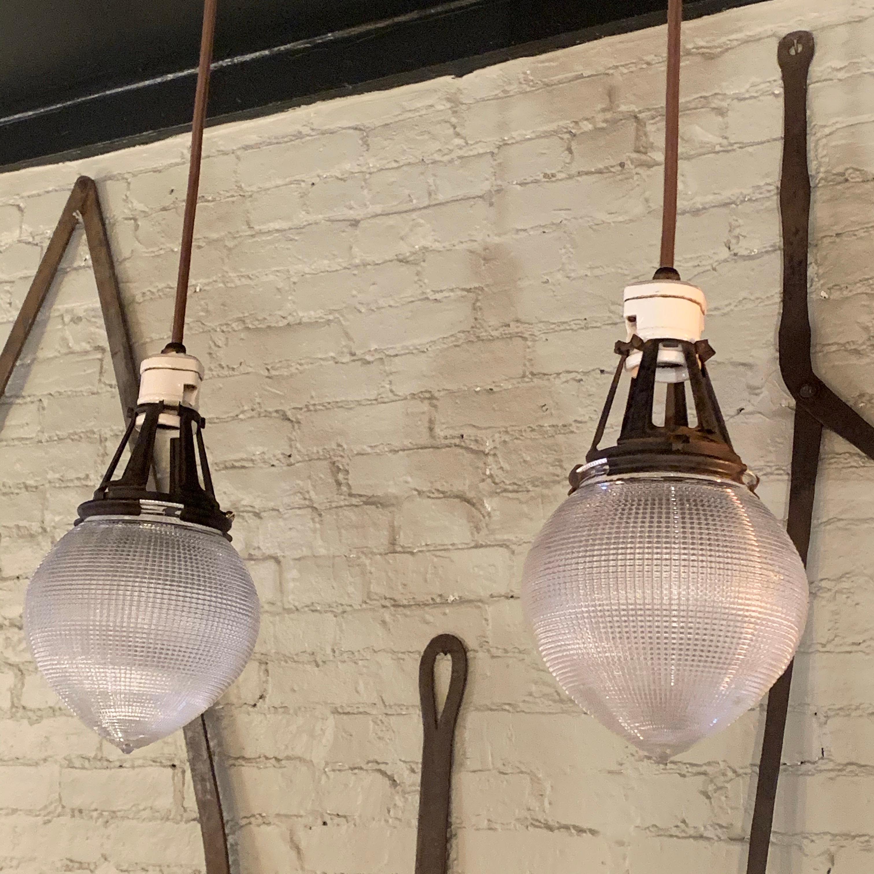 Glass Pair of Early 20th Century Prismatic Holophane Acorn Pendant Lights