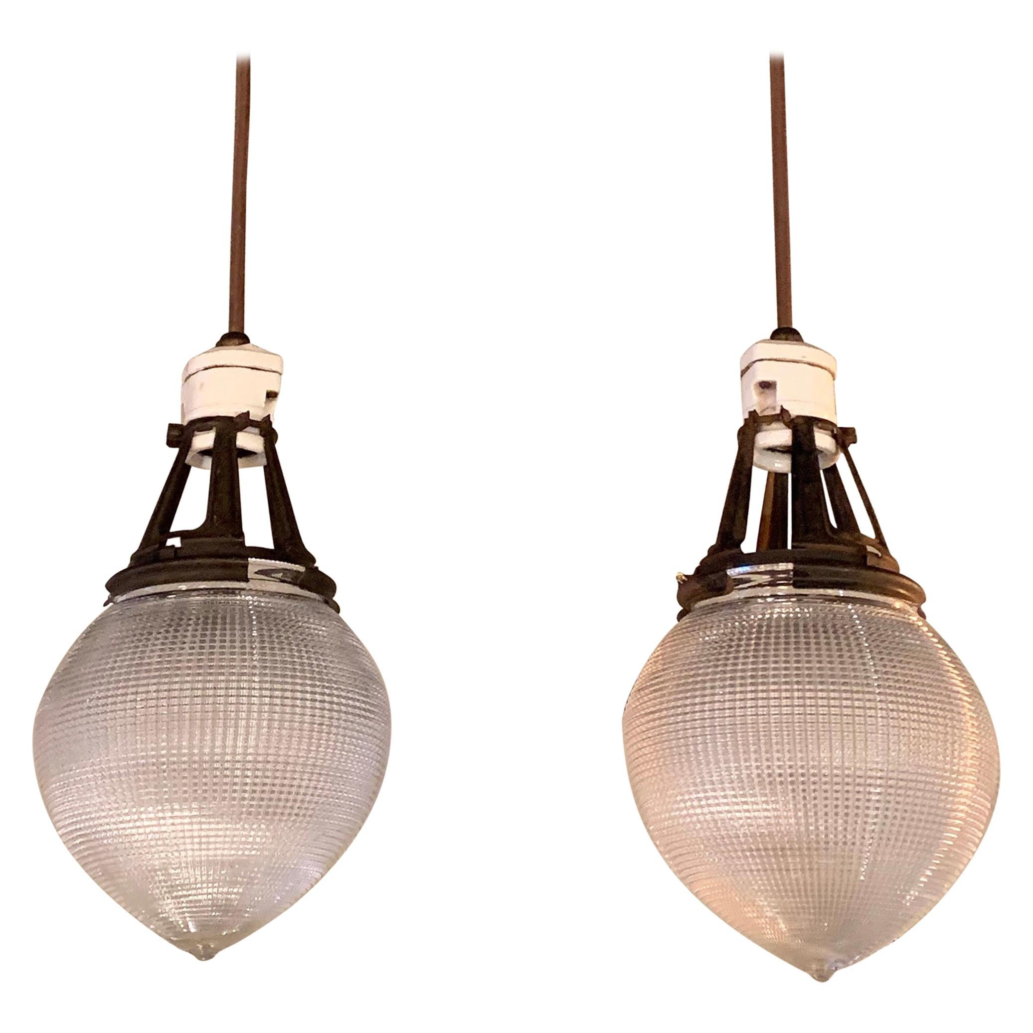 Pair of Early 20th Century Prismatic Holophane Acorn Pendant Lights