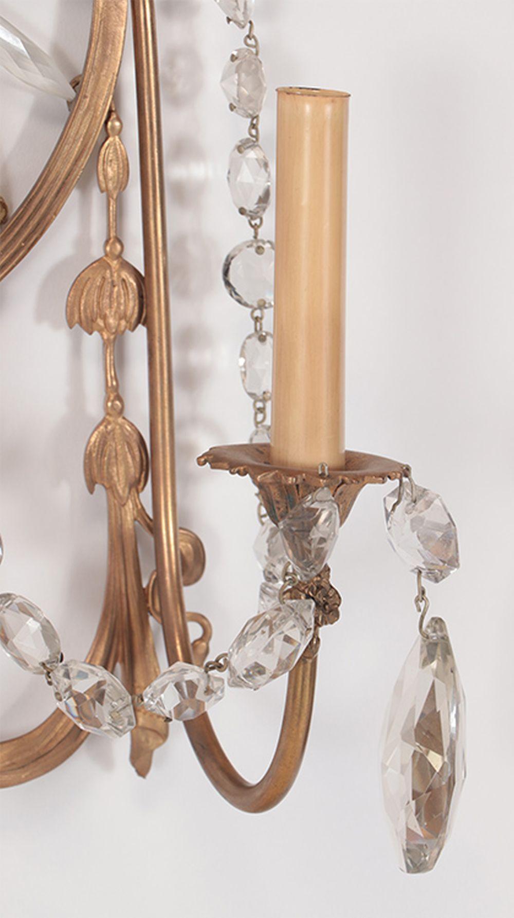 Pair of Early 20th Century Regency Style Bronze & Crystal Wall Sconces For Sale 1