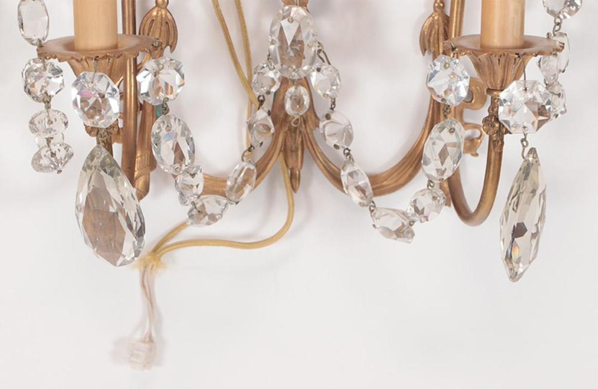 Pair of Early 20th Century Regency Style Bronze & Crystal Wall Sconces For Sale 2