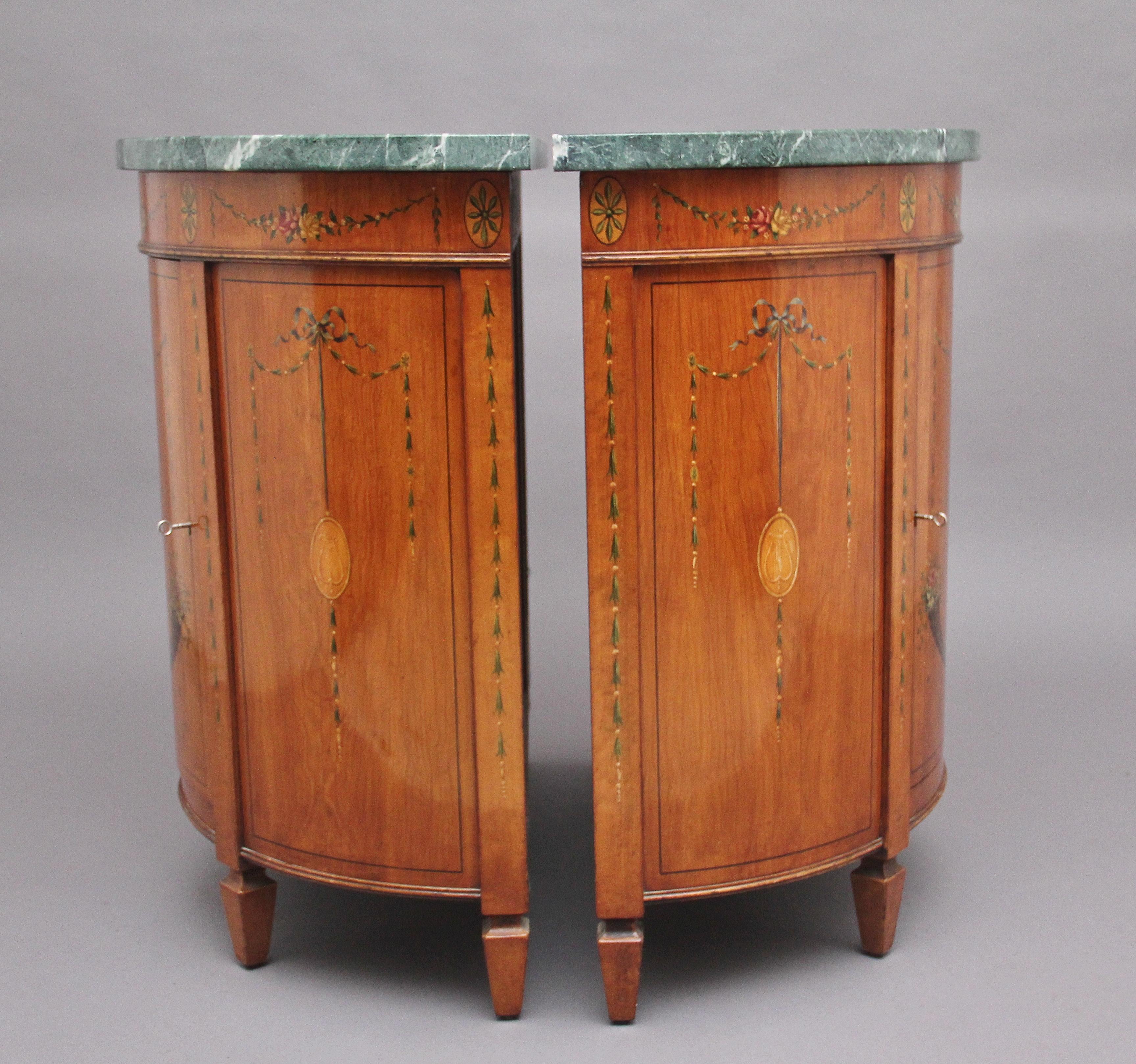 Pair of Early 20th Century Satinwood and Painted Demi Lune Cabinets For Sale 5