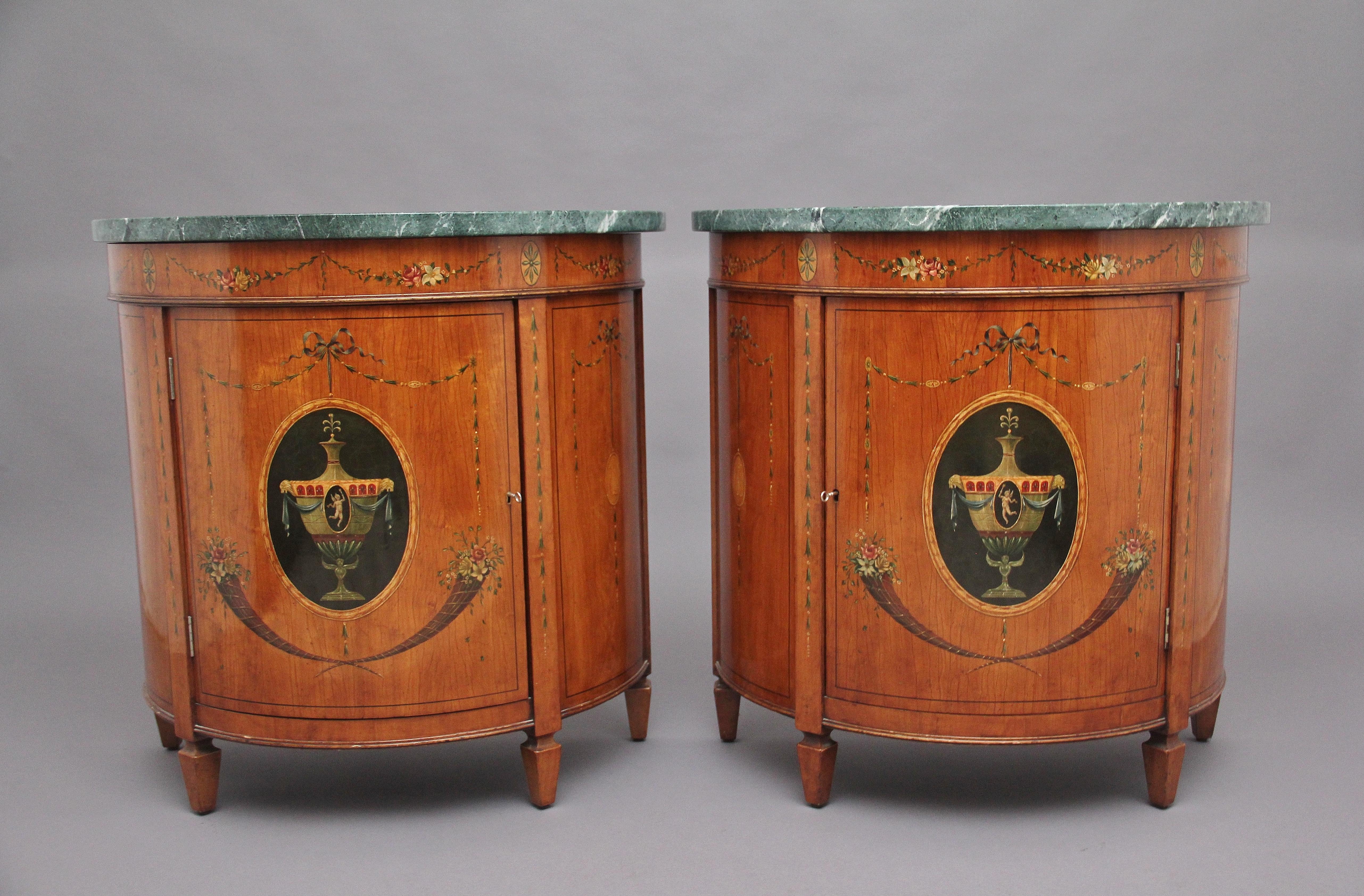 Sheraton Pair of Early 20th Century Satinwood and Painted Demi Lune Cabinets For Sale