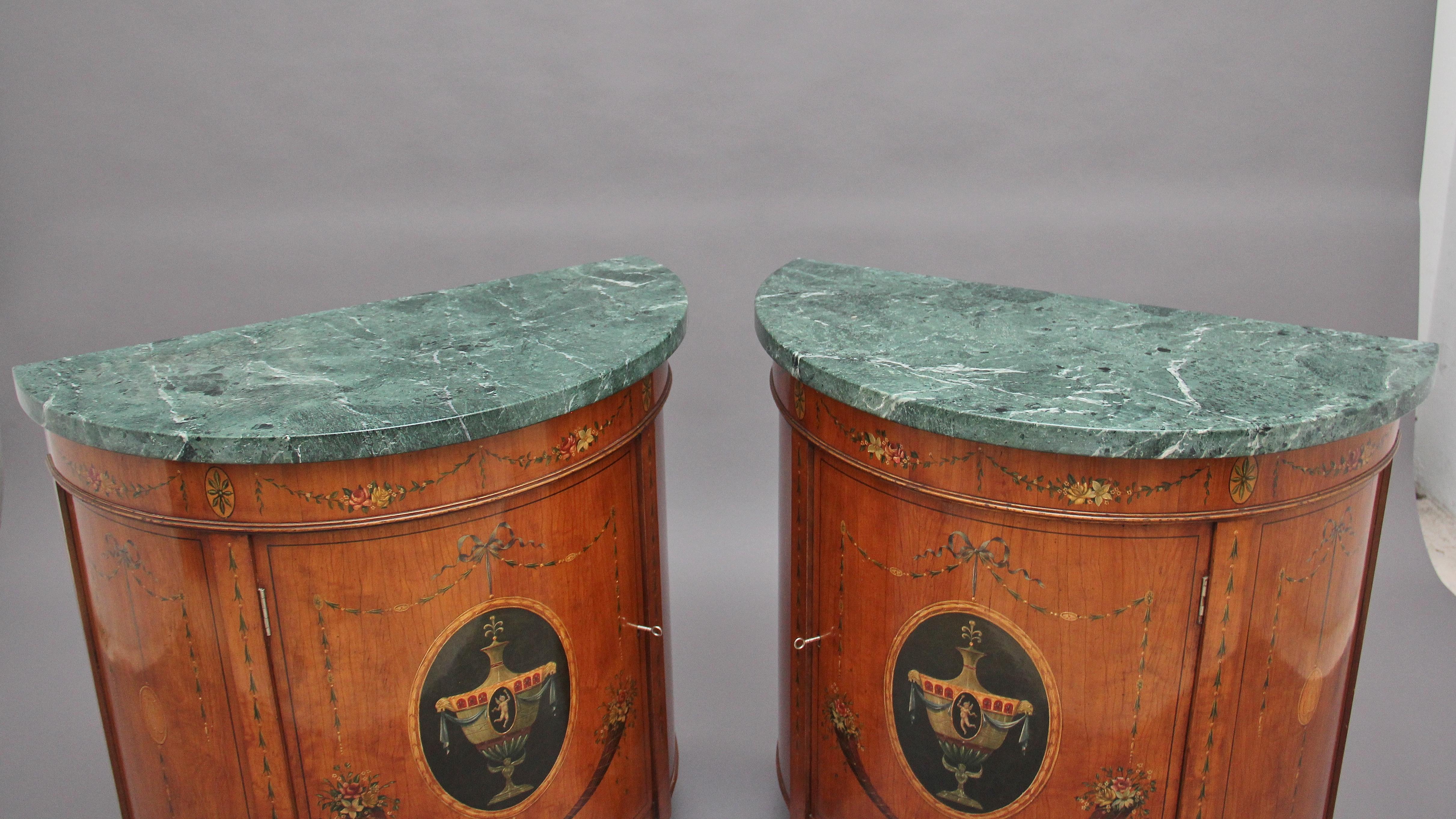 British Pair of Early 20th Century Satinwood and Painted Demi Lune Cabinets For Sale