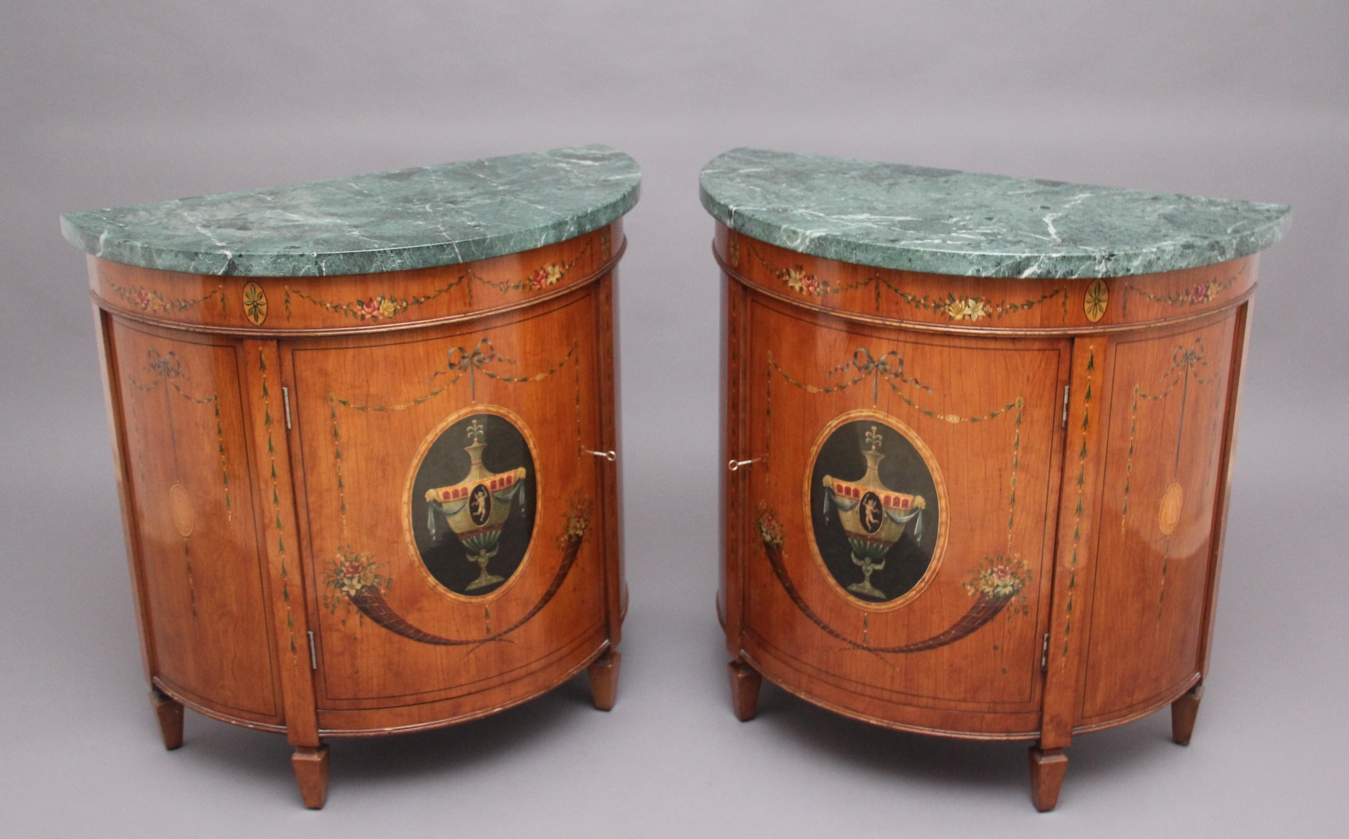 Pair of Early 20th Century Satinwood and Painted Demi Lune Cabinets For Sale 2