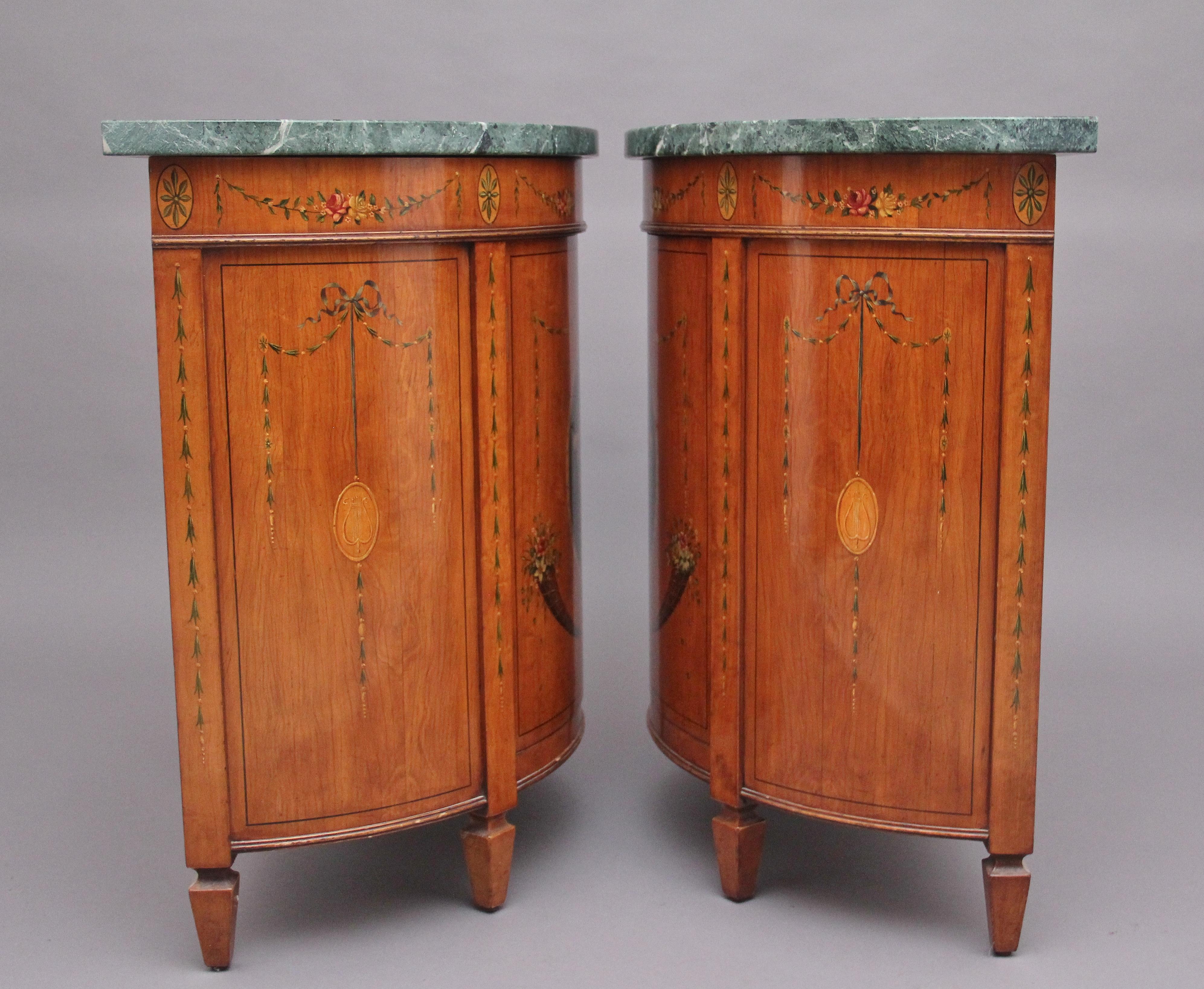 Pair of Early 20th Century Satinwood and Painted Demi Lune Cabinets For Sale 3