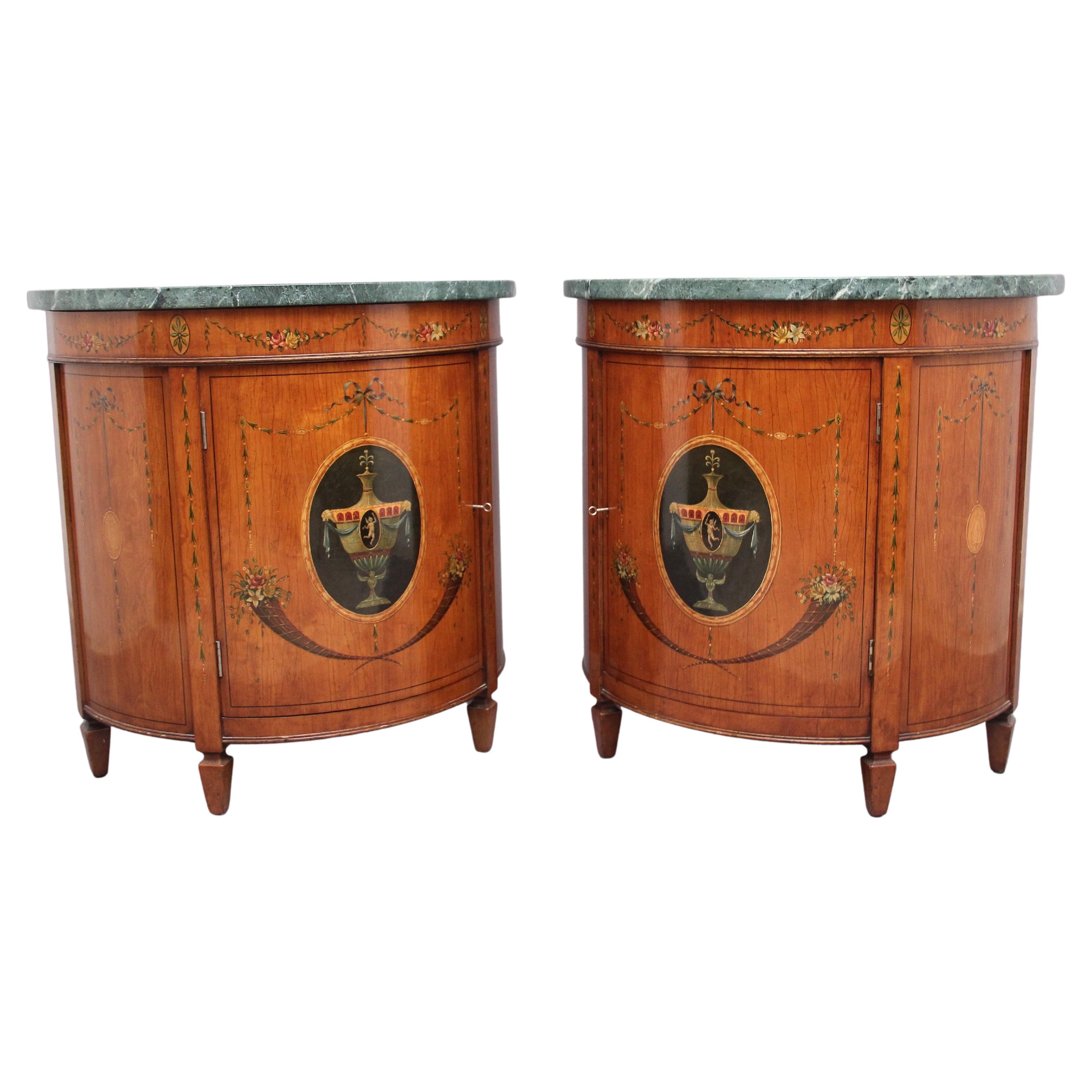 Pair of Early 20th Century Satinwood and Painted Demi Lune Cabinets For Sale