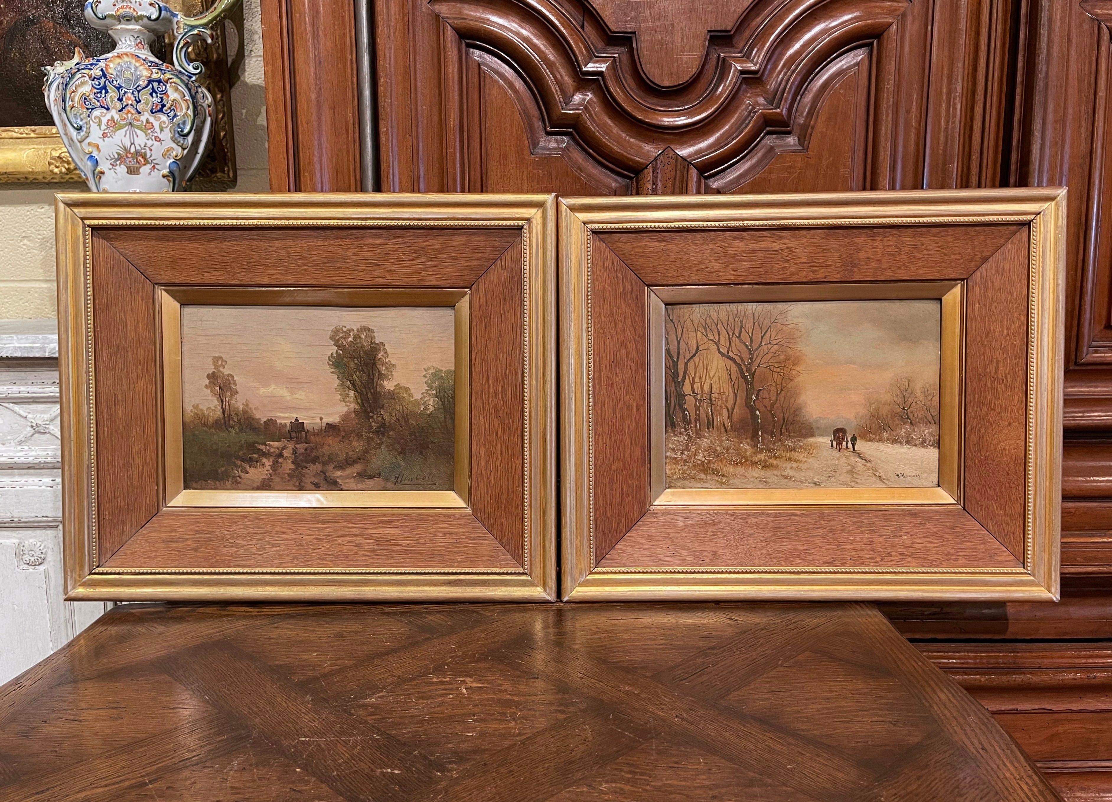 Dutch Pair of Early 20th Century Signed Pastoral Paintings on Board in Gilt Frames For Sale