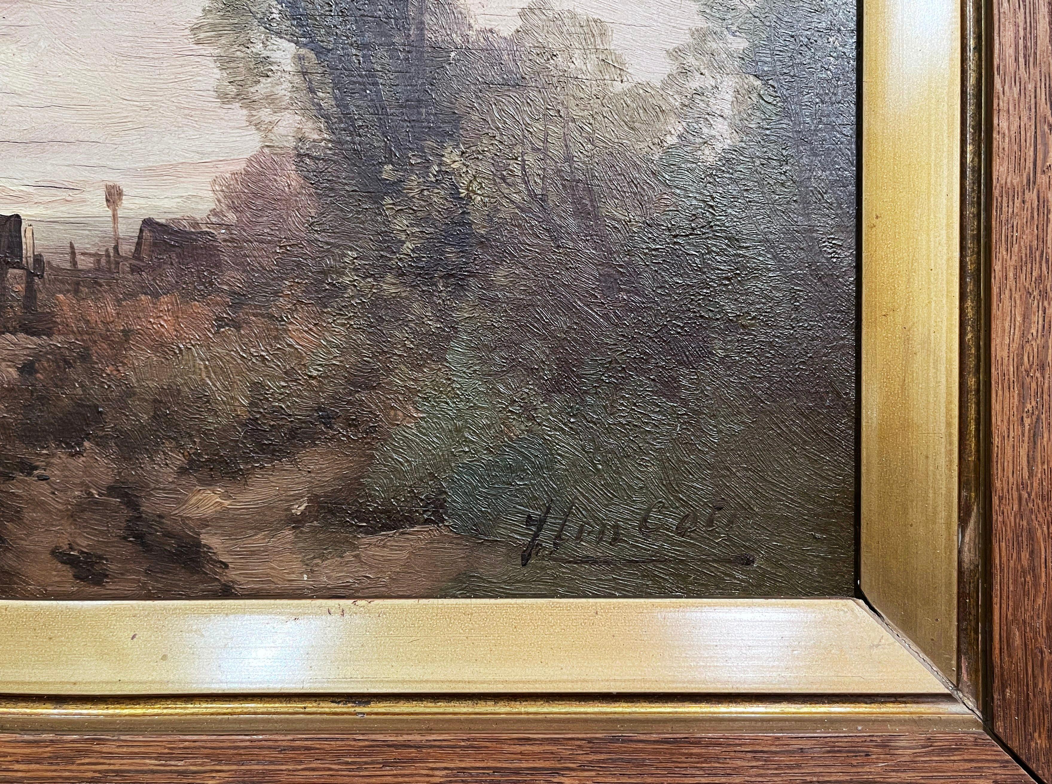 Wood Pair of Early 20th Century Signed Pastoral Paintings on Board in Gilt Frames For Sale