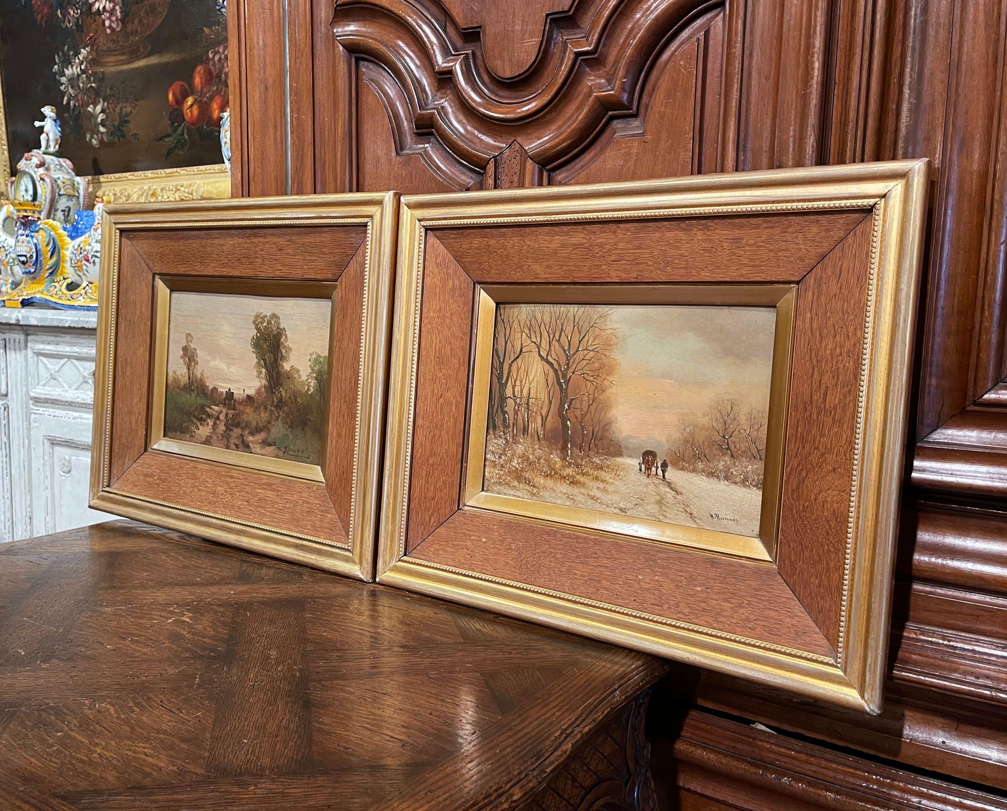 Pair of Early 20th Century Signed Pastoral Paintings on Board in Gilt Frames For Sale 3