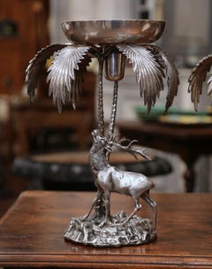 Pair of Early 20th Century Silvered Bronze Centerpieces with Deer Sculpture