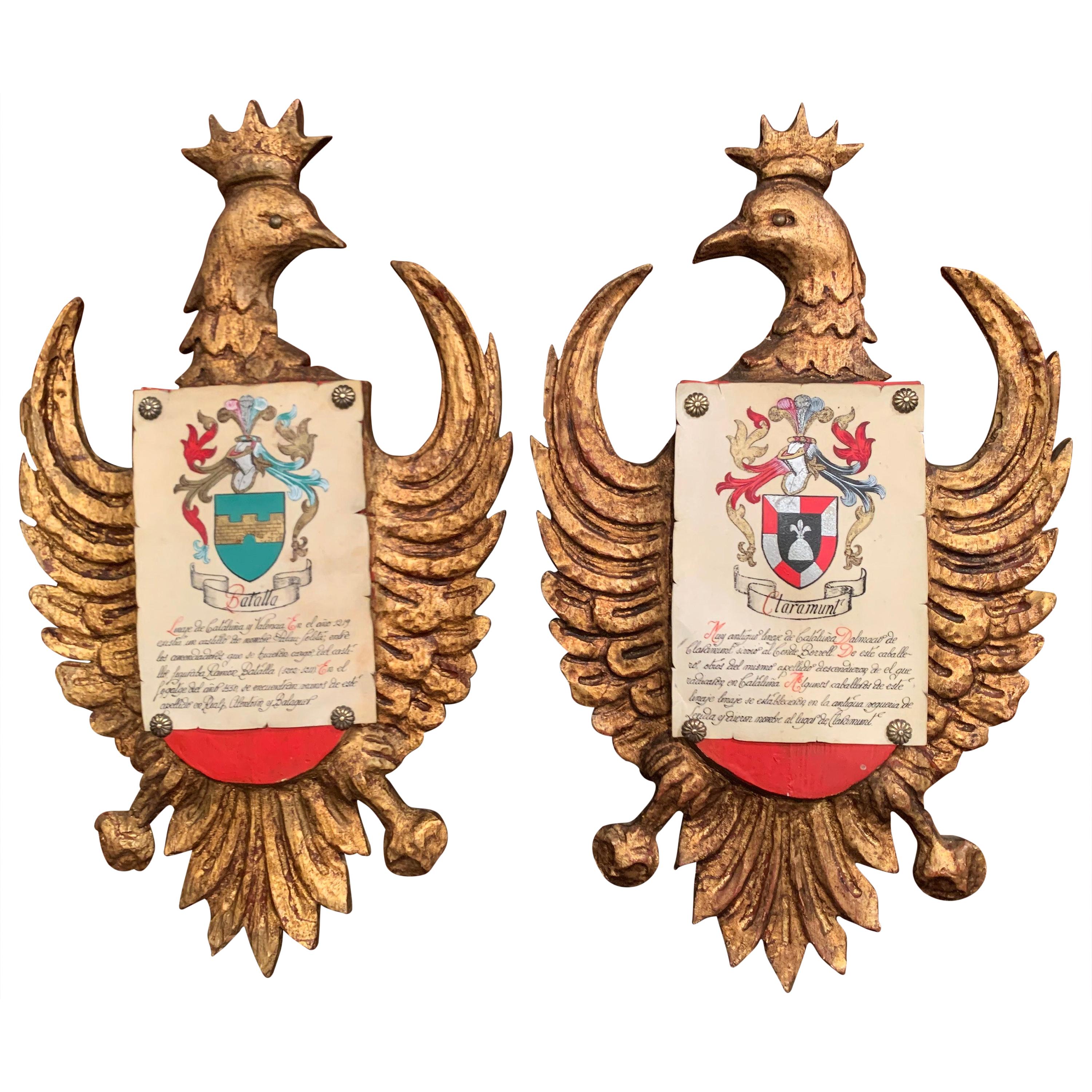 Pair of Early 20th Century Spanish Carved Giltwood and Polychrome Wall Shields