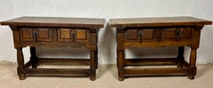 Pair of Early 20th Century Spanish Rustic Oak Side Tables with Drawers, 1900s