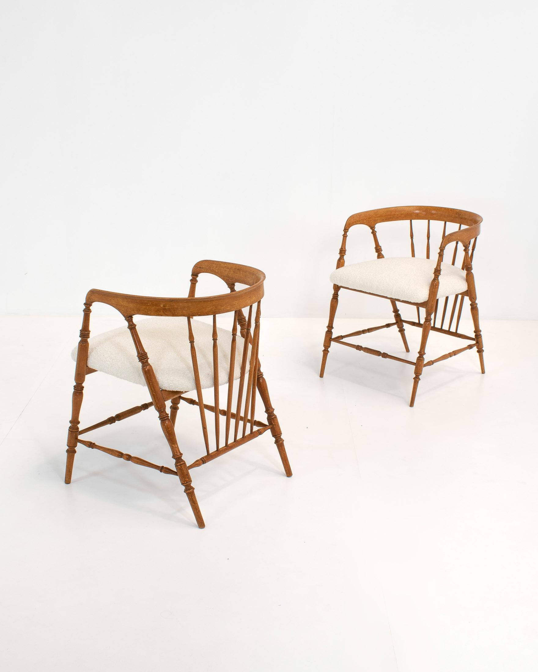 European Pair of Early 20th Century Spindle Back Chairs in Bouclé