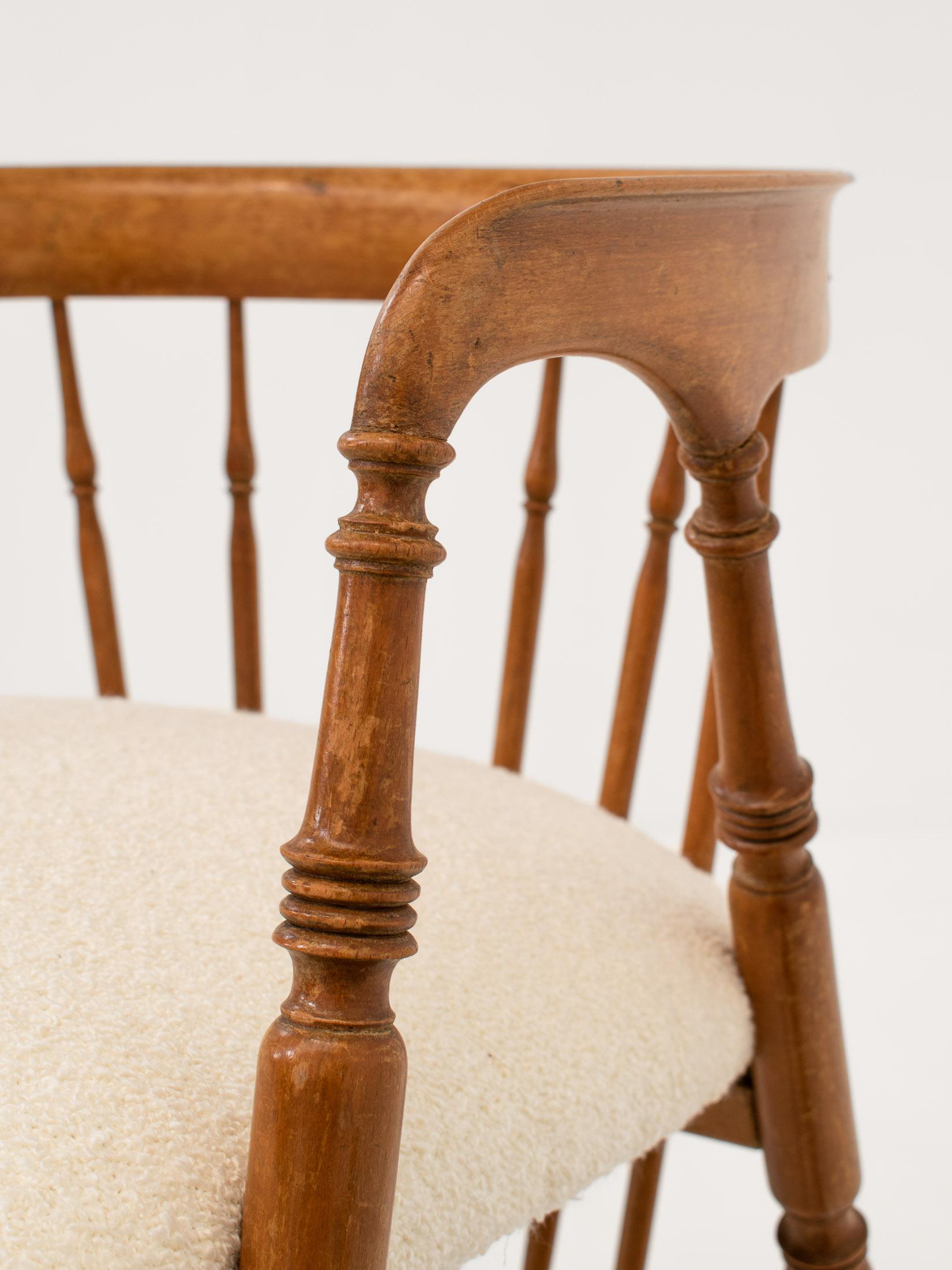 Oak Pair of Early 20th Century Spindle Back Chairs in Bouclé