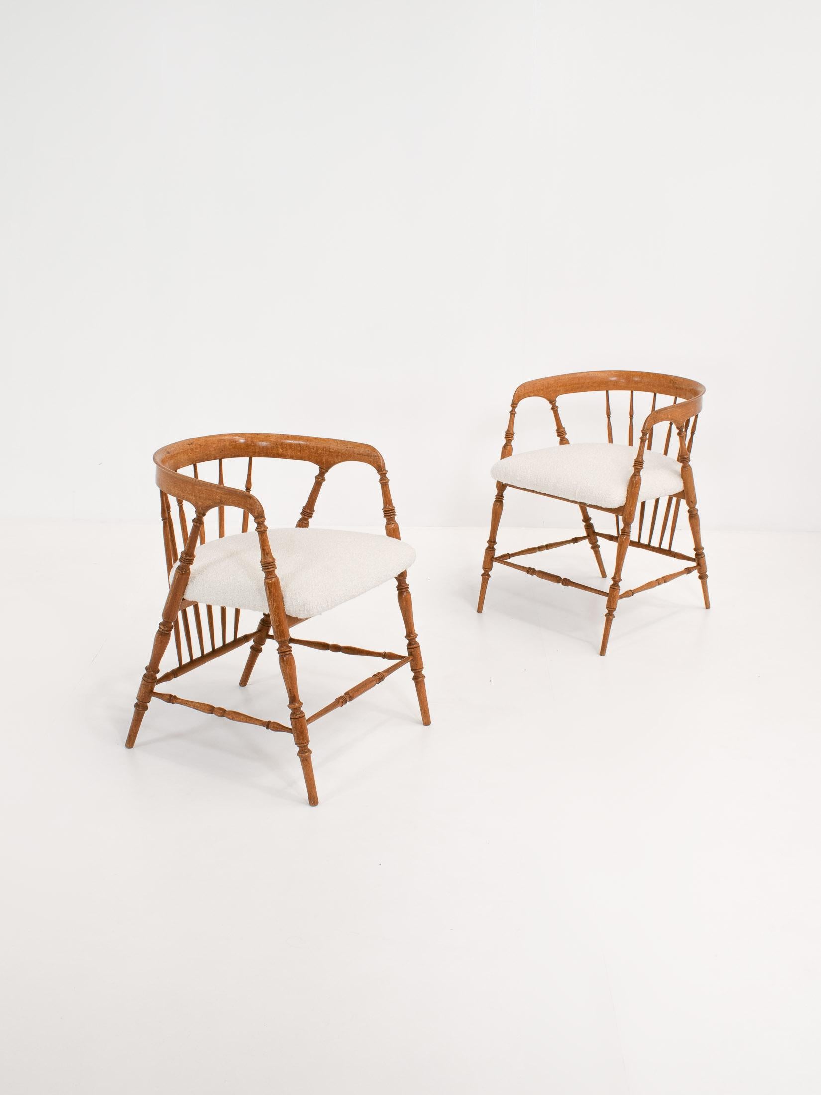 Pair of Early 20th Century Spindle Back Chairs in Bouclé 3