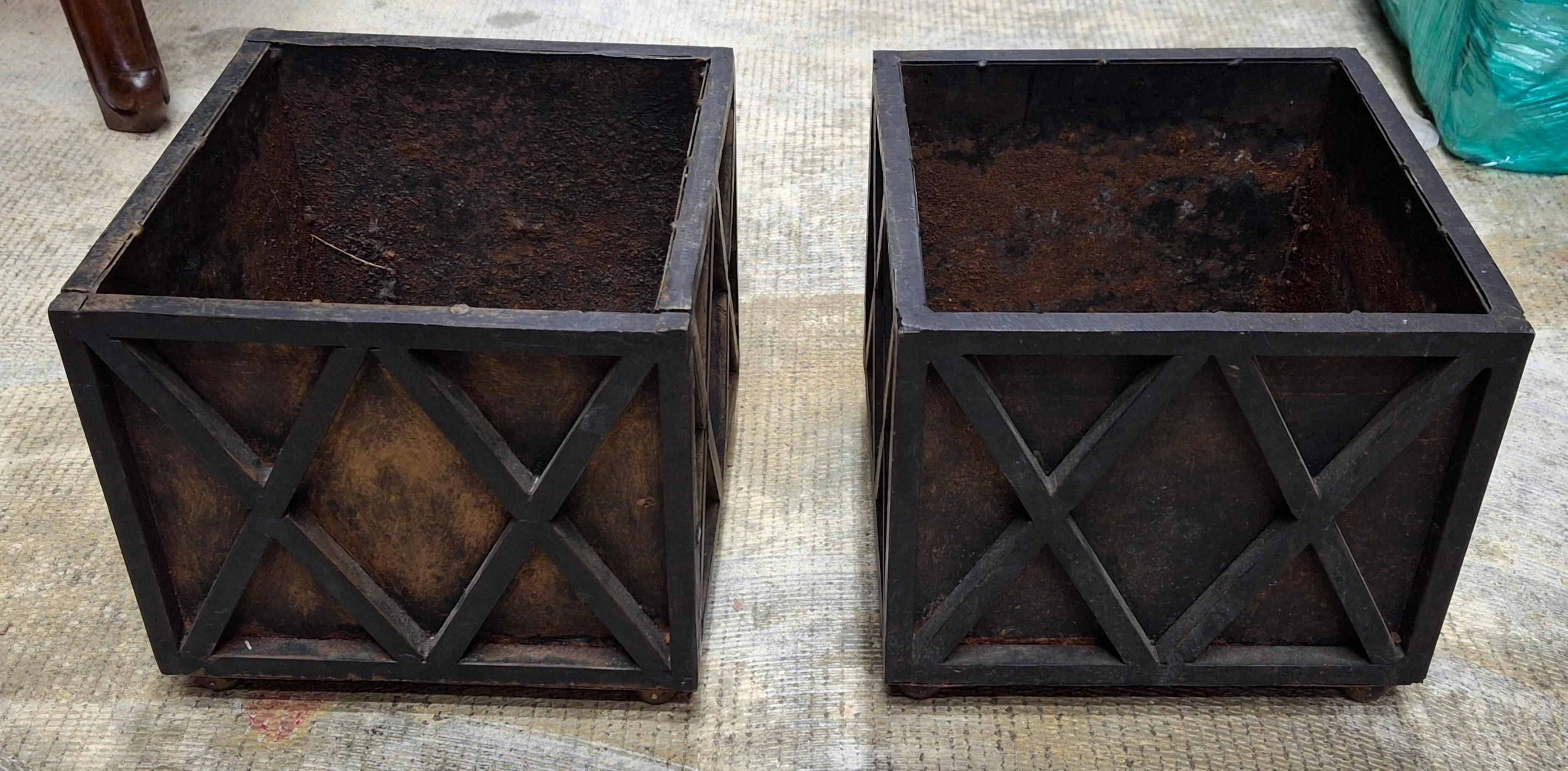 A Pair of Early 20th Century Square Cast Iron Planters Jardinieres. Measures: 7.5