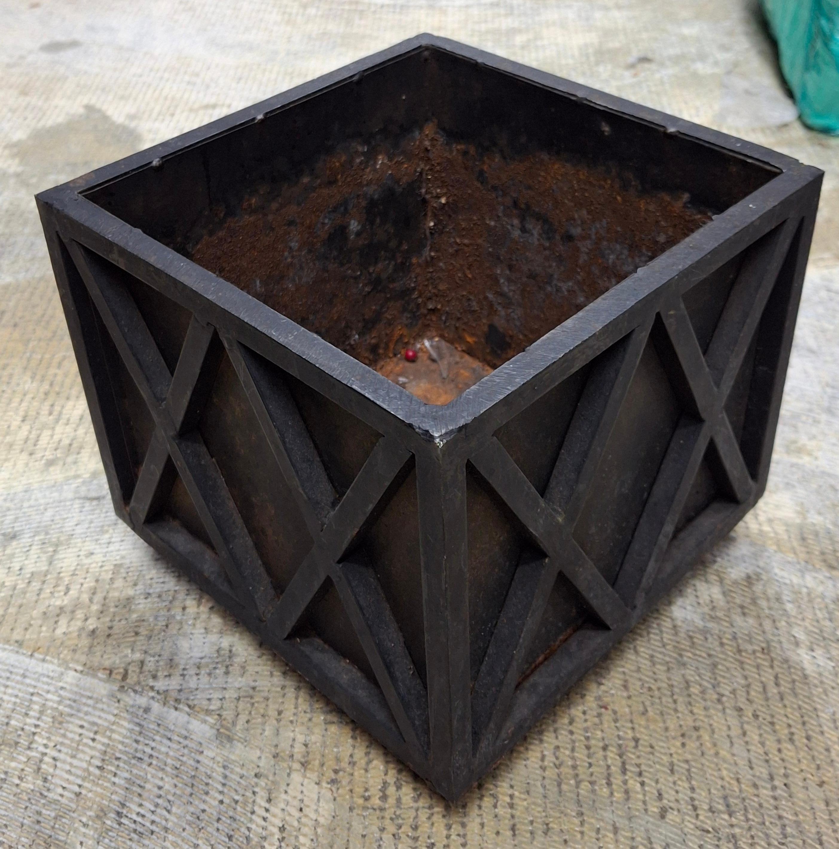 Stained Pair of Early 20th Century Square Cast Iron Planters Jardinieres For Sale