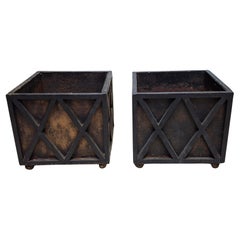 Pair of Early 20th Century Square Cast Iron Planters Jardinieres
