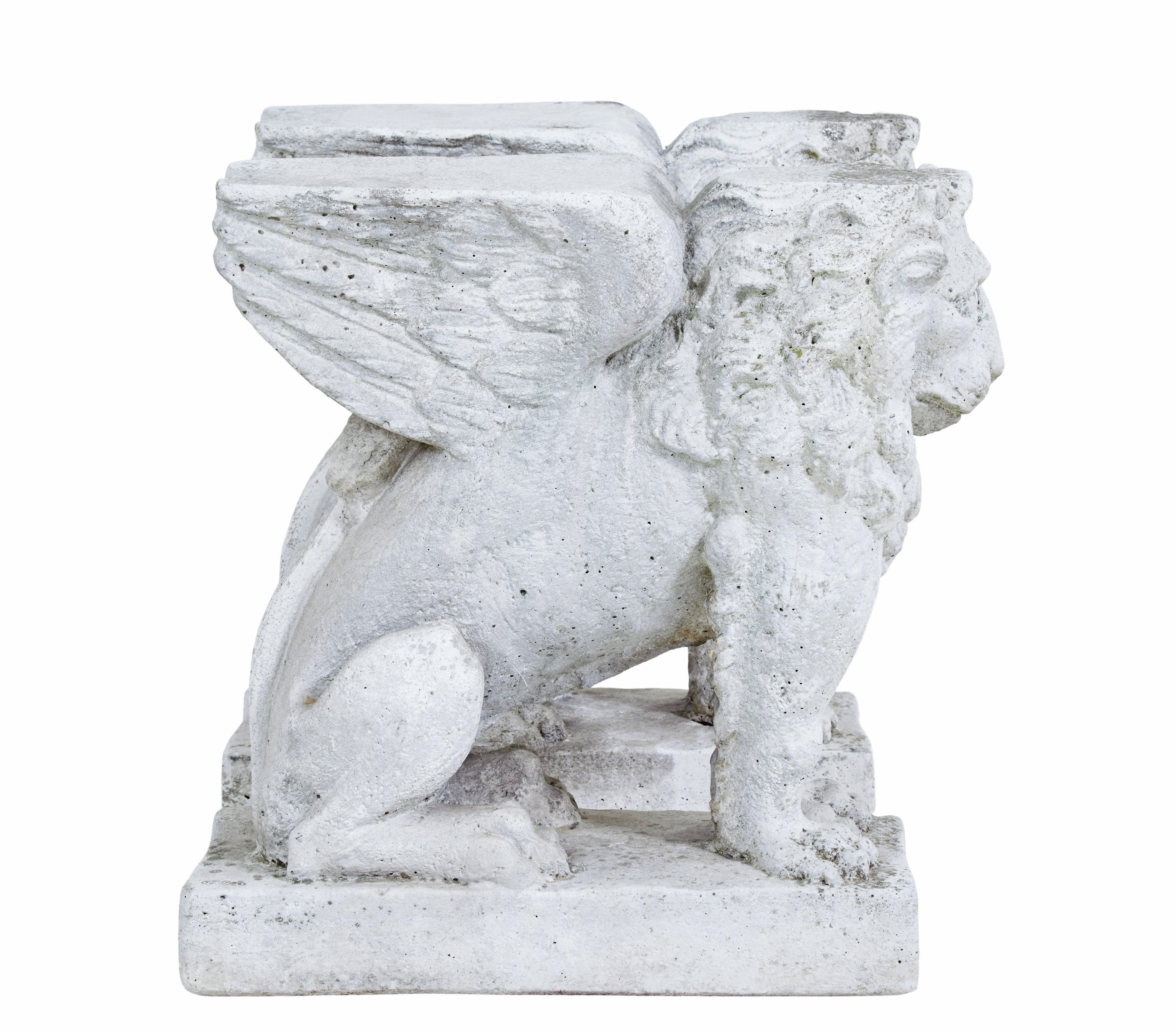 English Pair of early 20th century stone garden lion pedestals For Sale