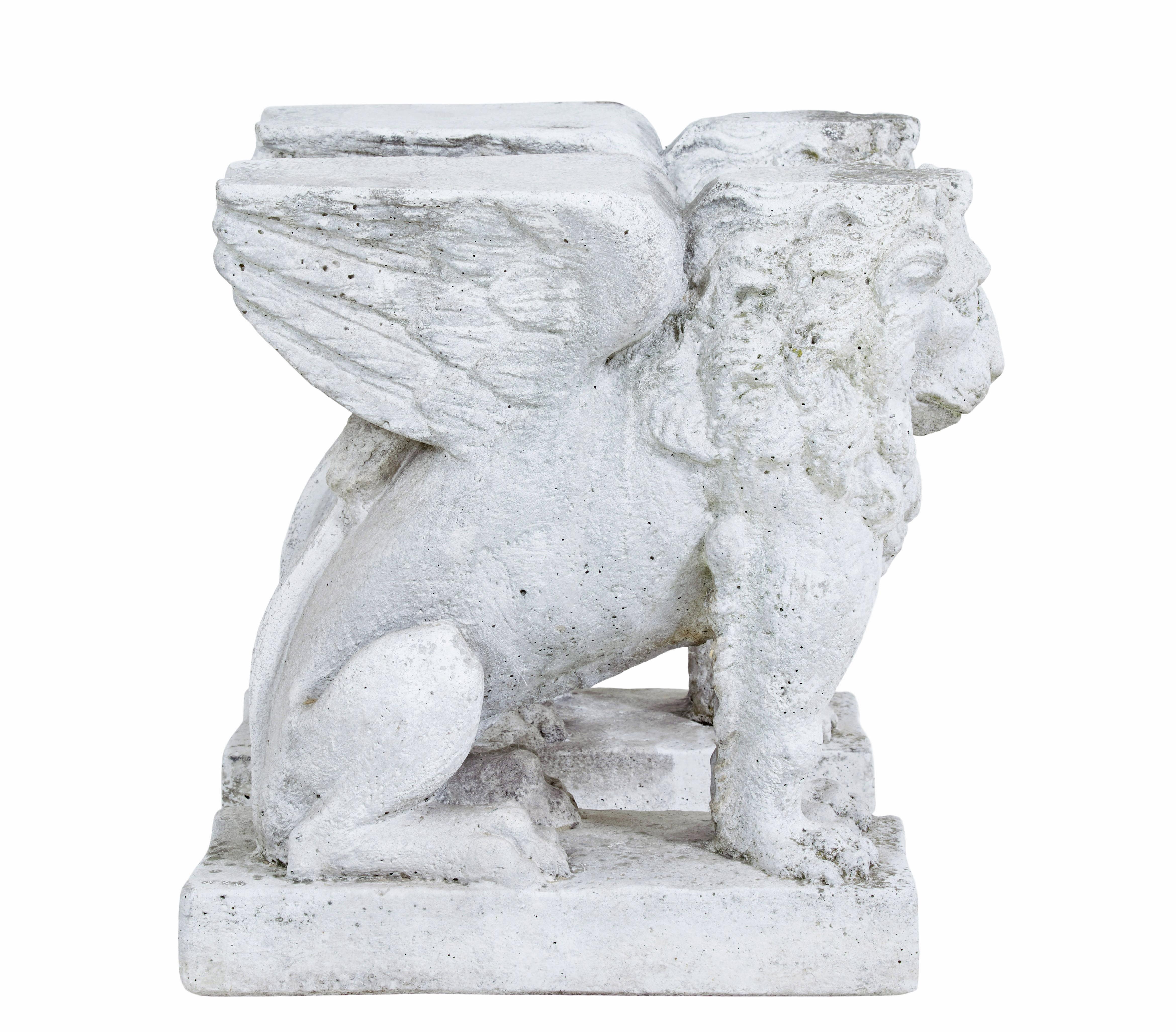 English Pair of early 20th Century stone garden lion pedestals For Sale