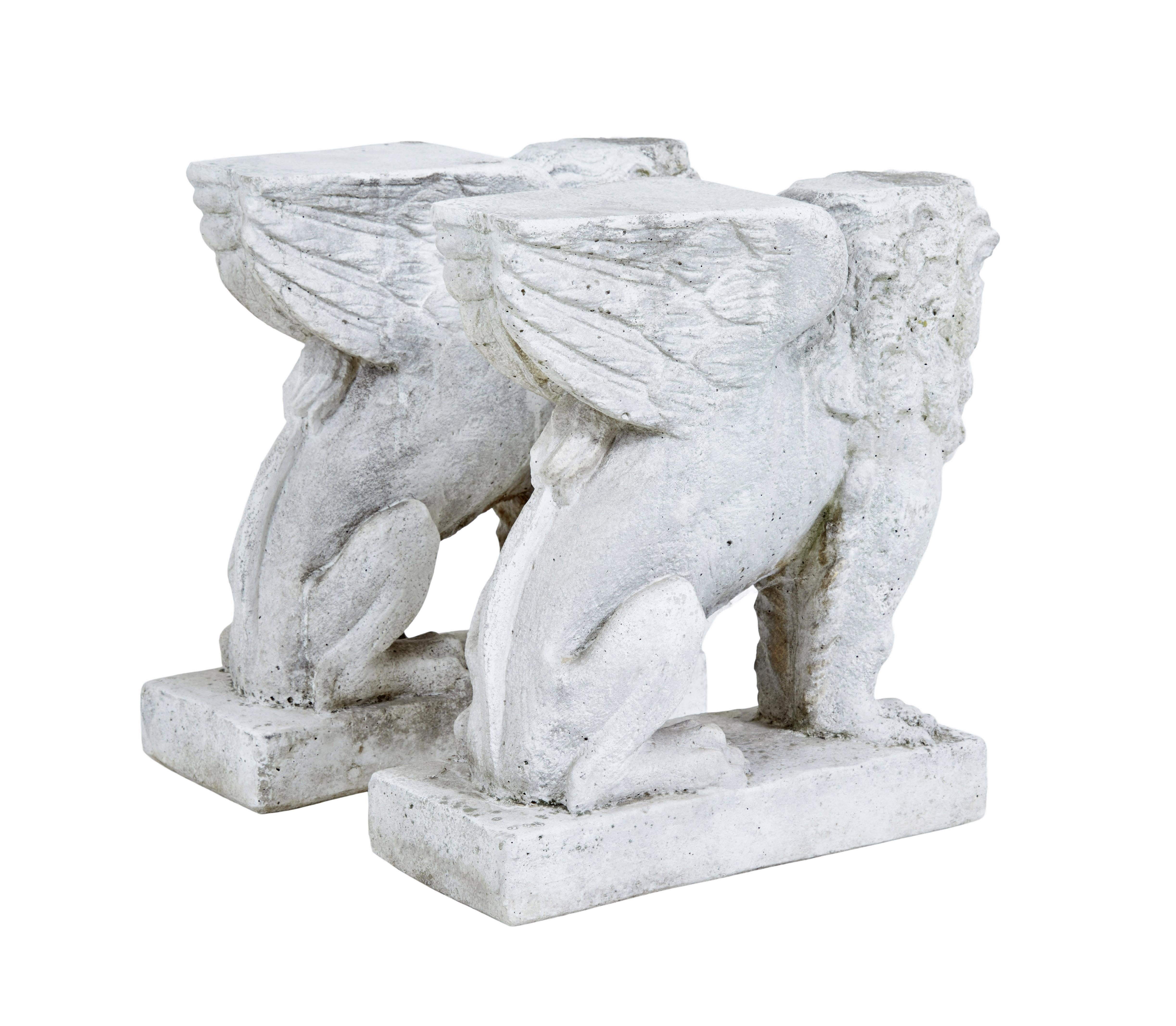 Hand-Carved Pair of early 20th century stone garden lion pedestals For Sale