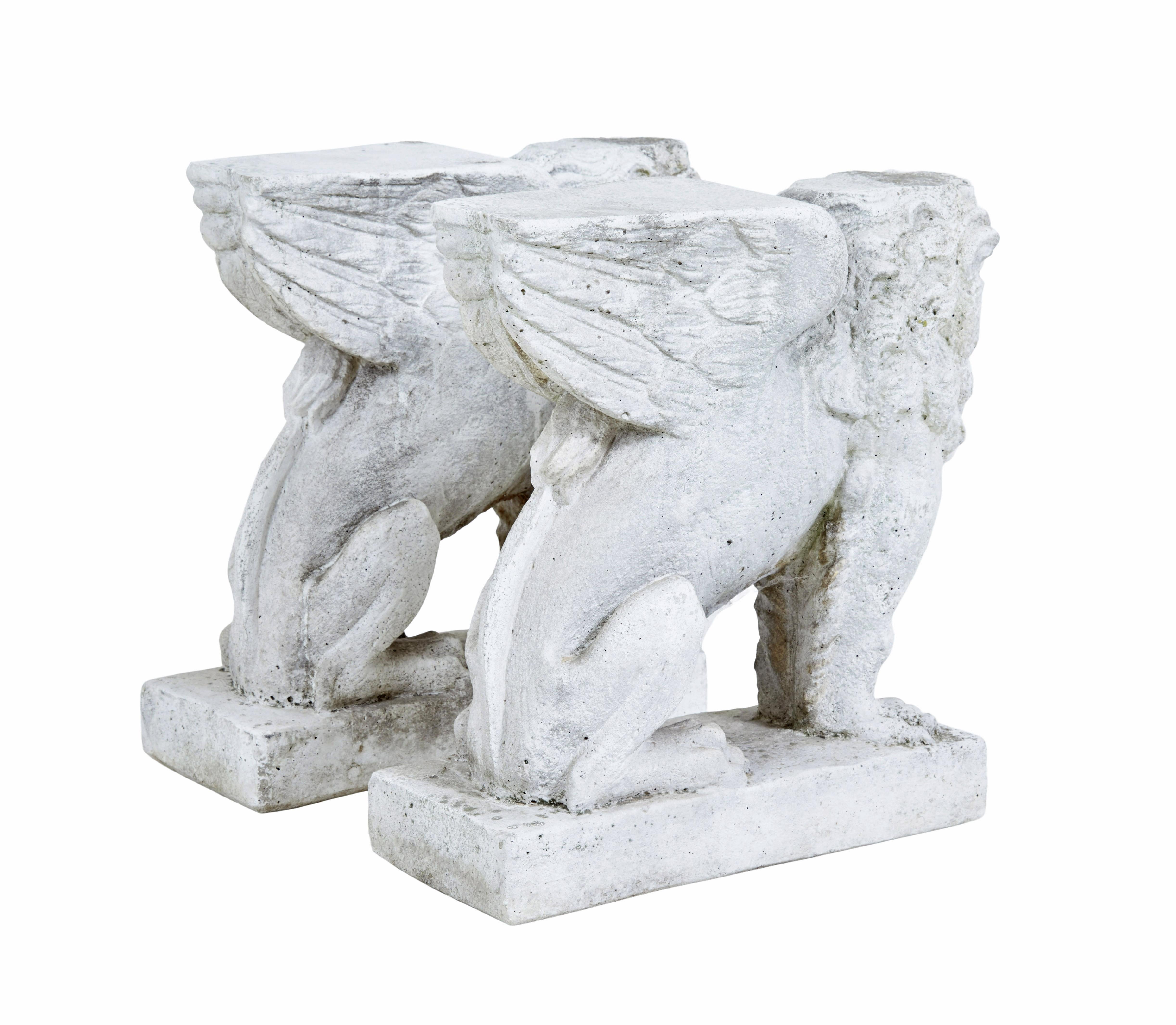Hand-Carved Pair of early 20th Century stone garden lion pedestals For Sale