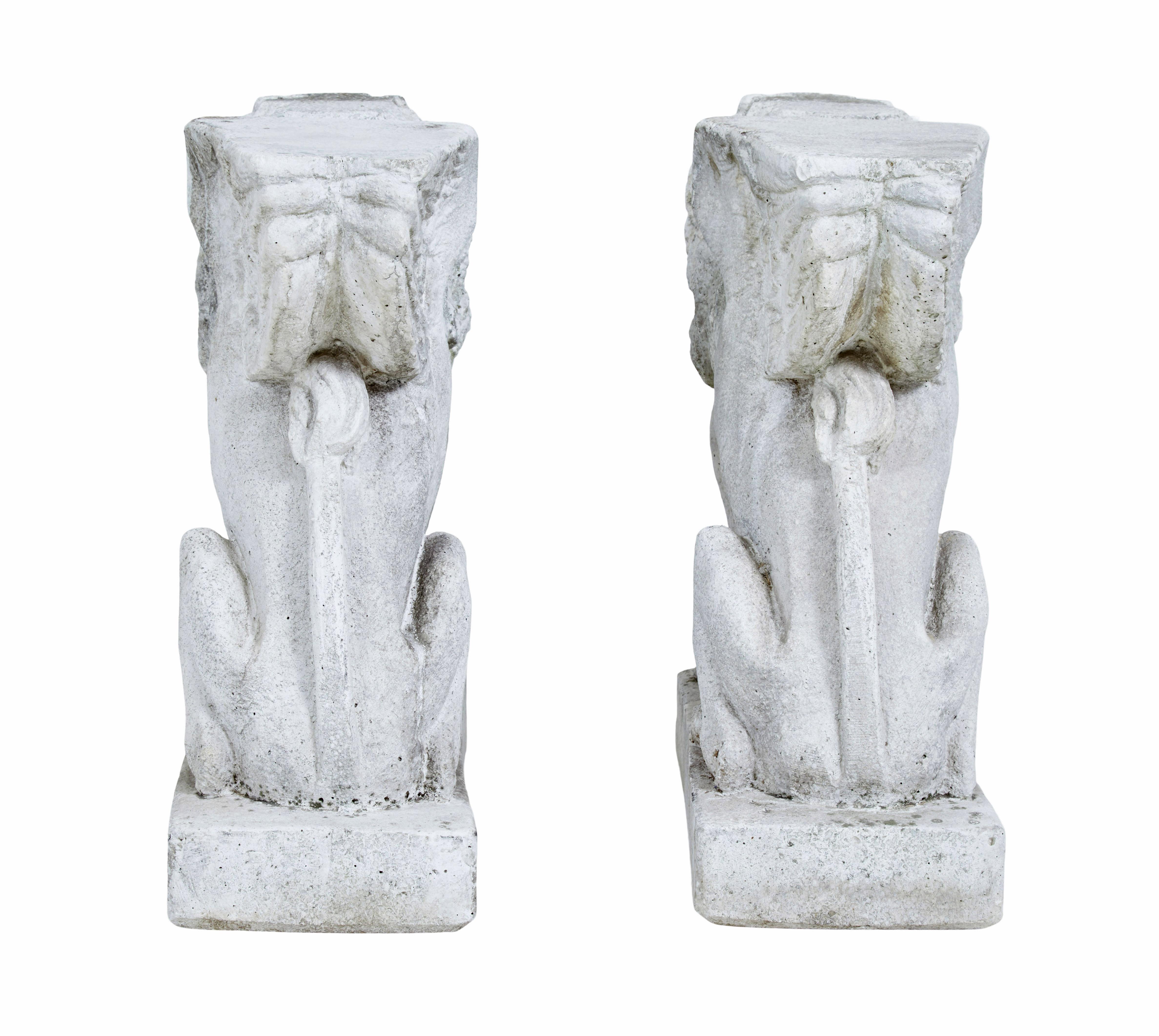 Pair of early 20th century stone garden lion pedestals In Good Condition For Sale In Debenham, Suffolk