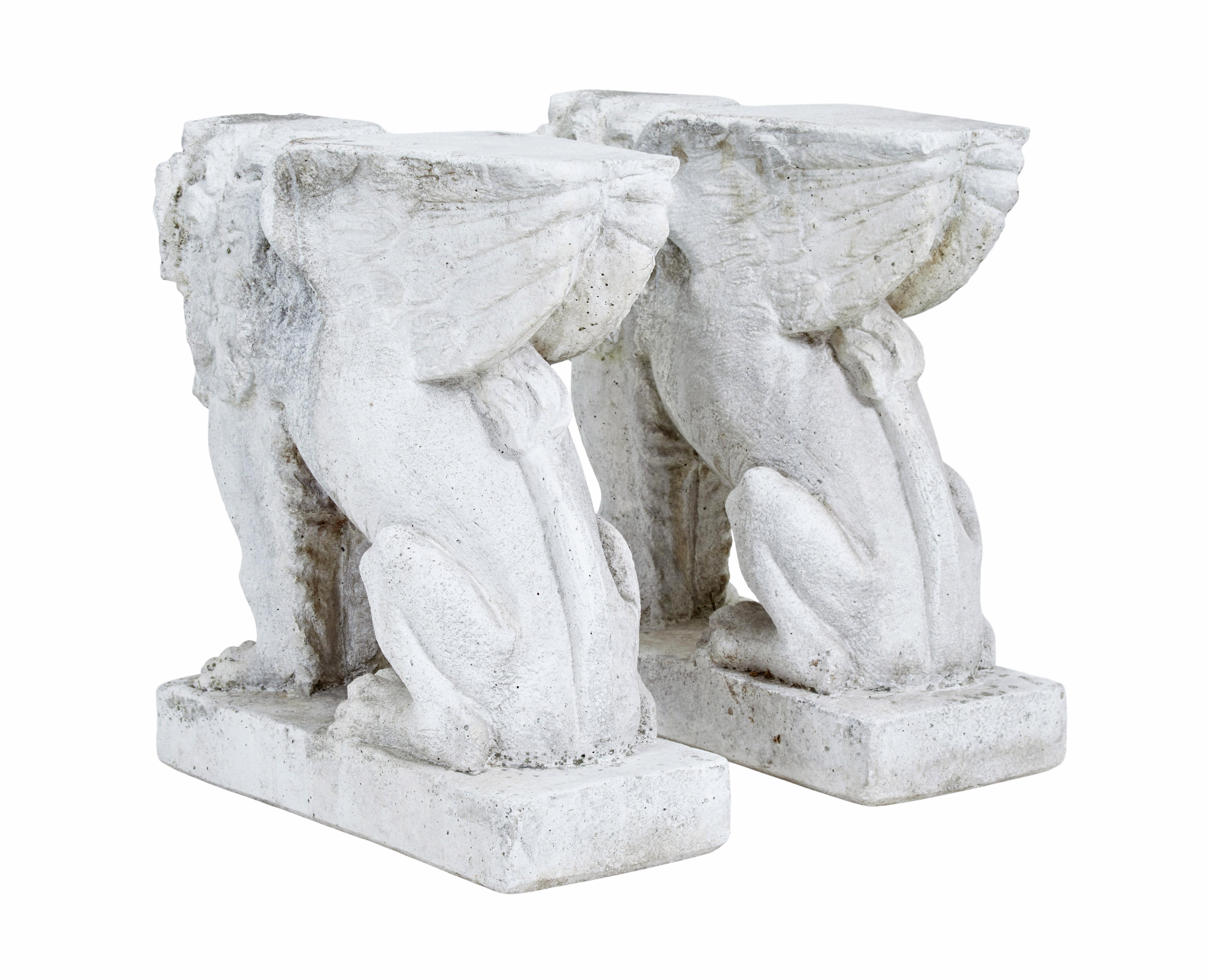 20th Century Pair of early 20th century stone garden lion pedestals For Sale