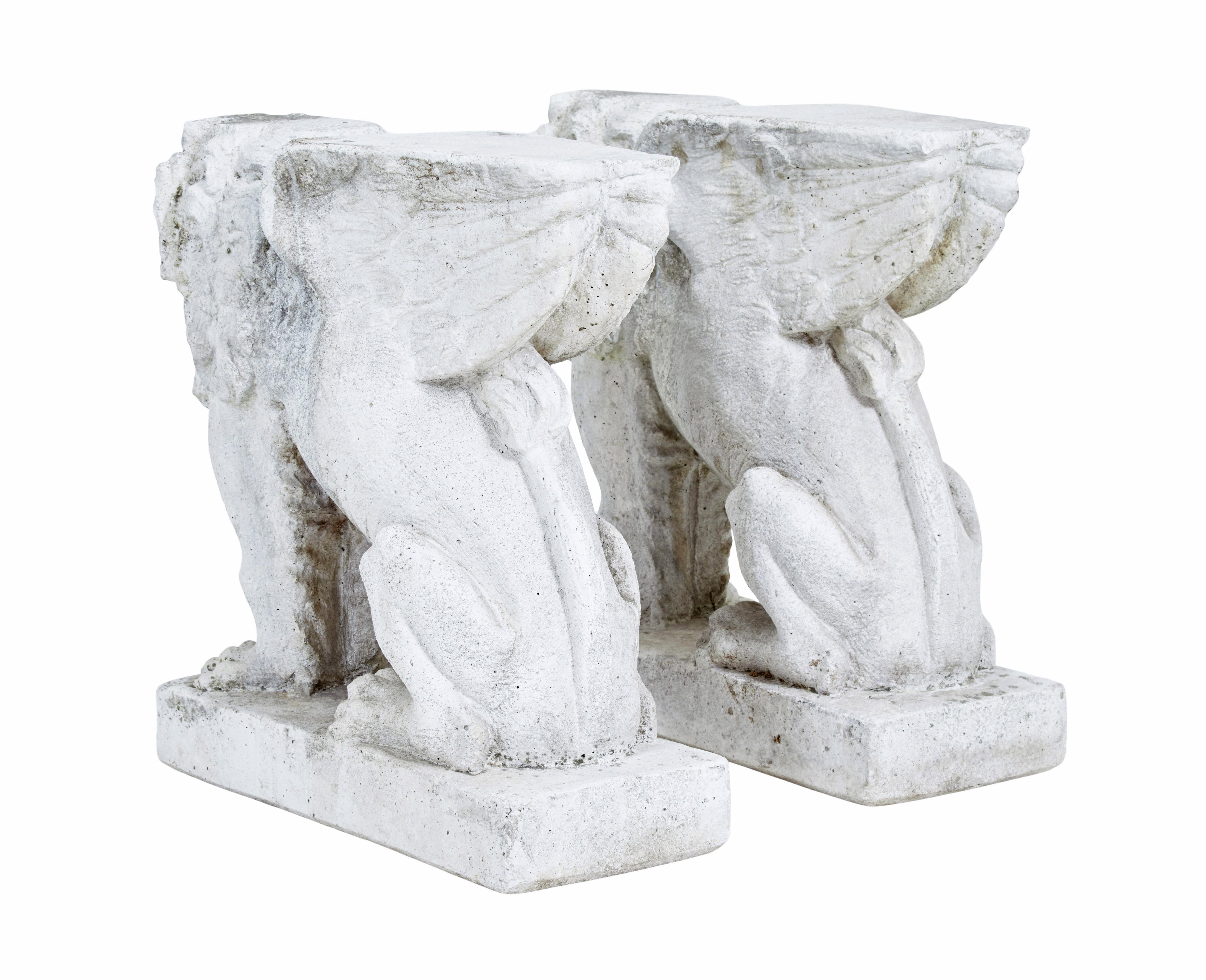 Stone Pair of early 20th Century stone garden lion pedestals For Sale