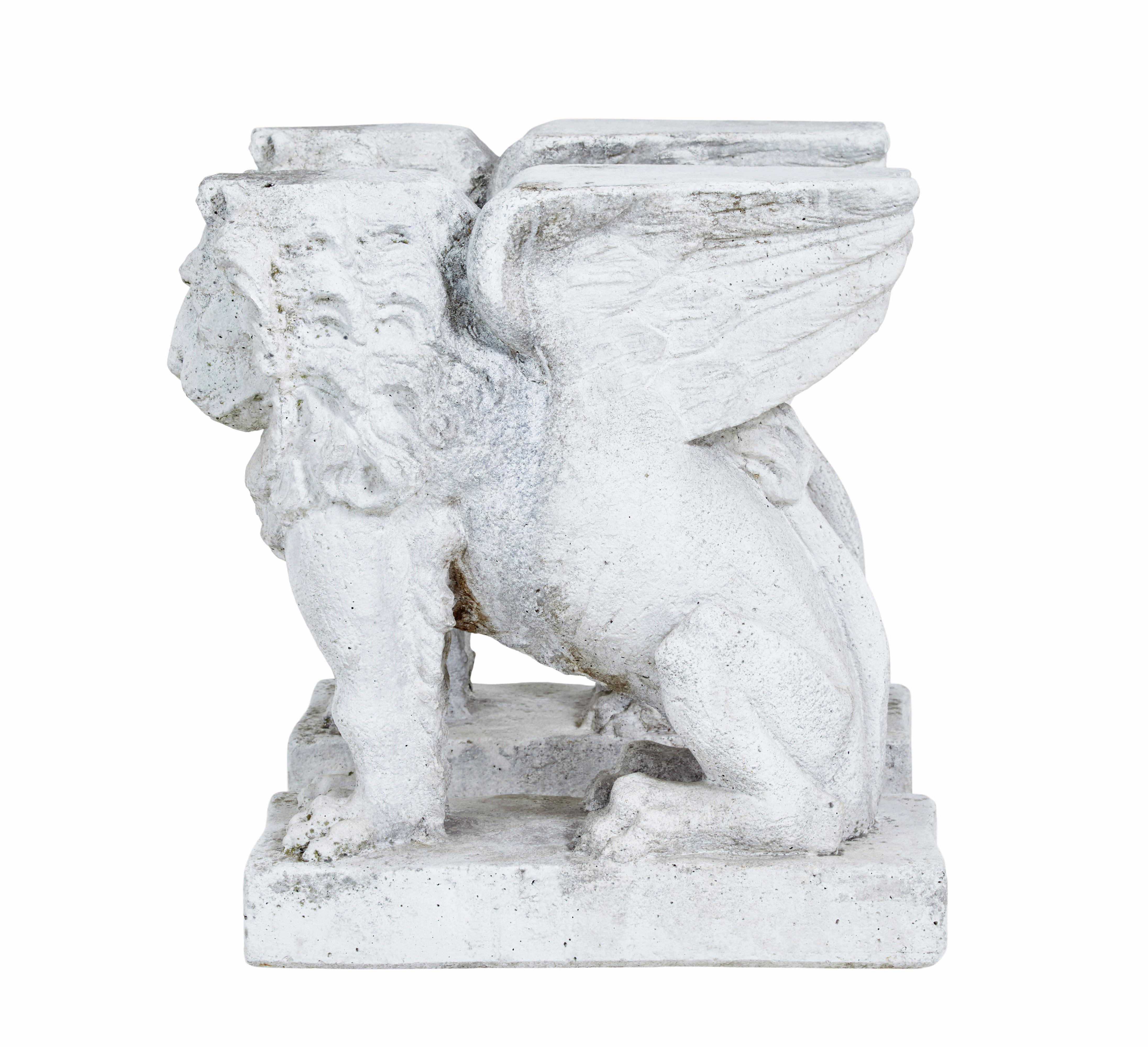 Stone Pair of early 20th century stone garden lion pedestals For Sale