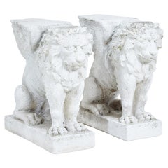 Pair of Early 20th Century Stone Garden Lion Pedestals