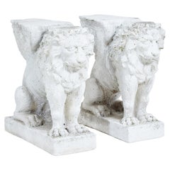 Antique Pair of Early 20th Century Stone Garden Lion Pedestals