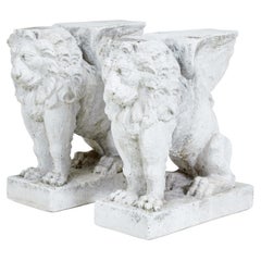Used Pair of early 20th century stone garden lion pedestals