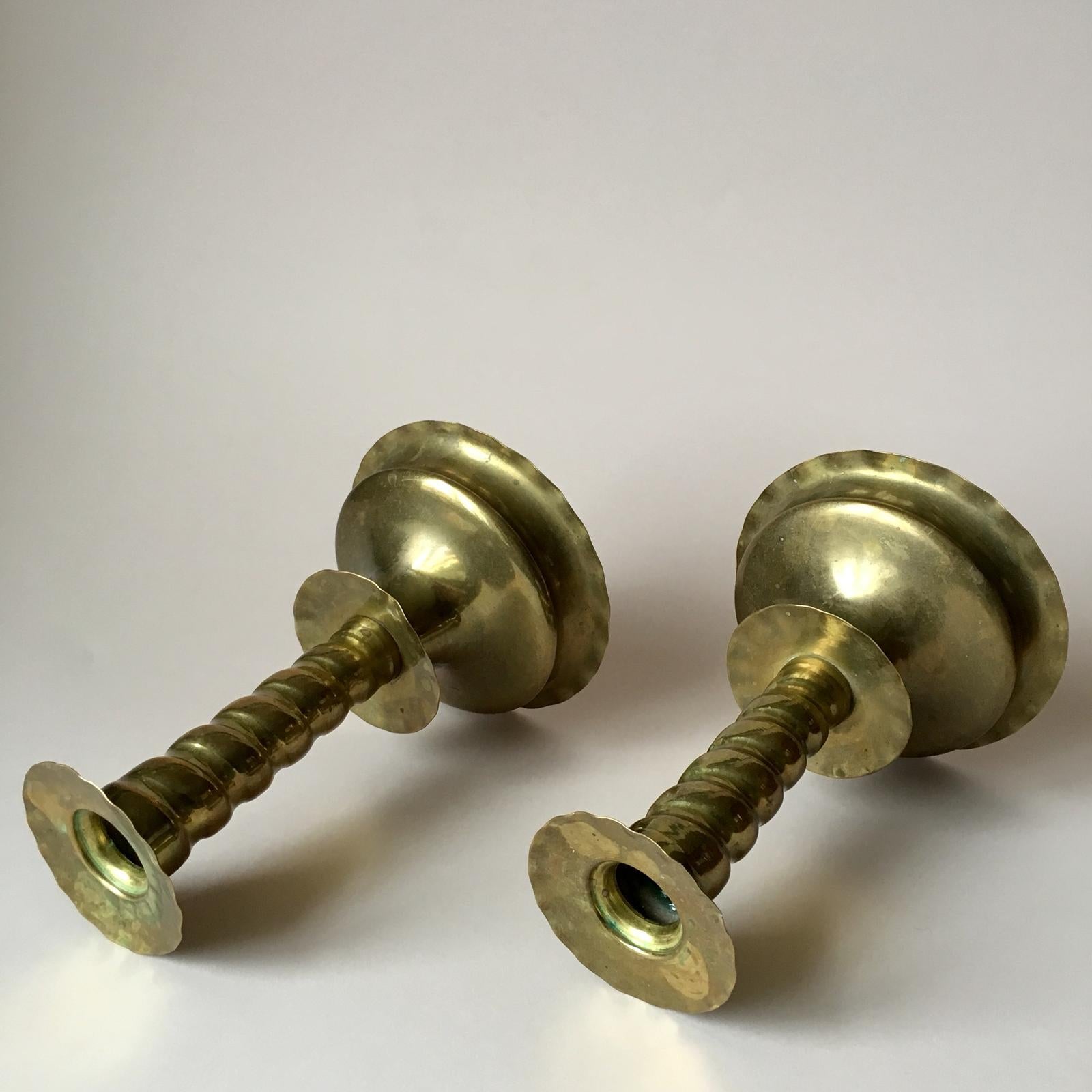 Pair of Early 20th Century Swedish Baroque Style Brass Candleholders (Barock) im Angebot