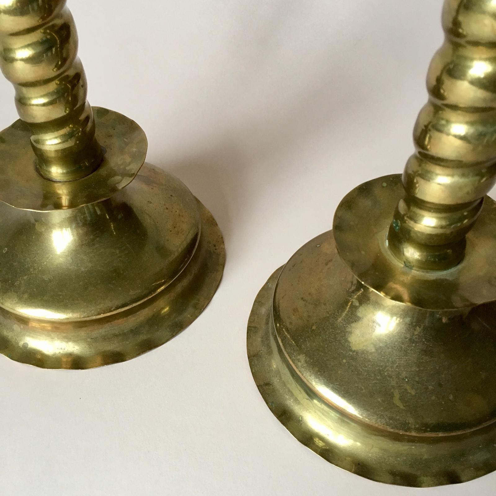 Pair of Early 20th Century Swedish Baroque Style Brass Candleholders (Schwedisch) im Angebot