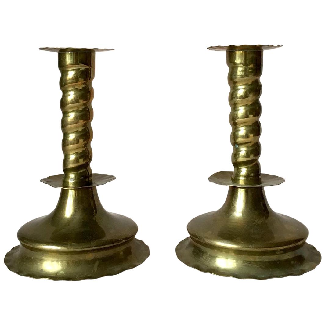 Pair of Early 20th Century Swedish Baroque Style Brass Candleholders im Angebot