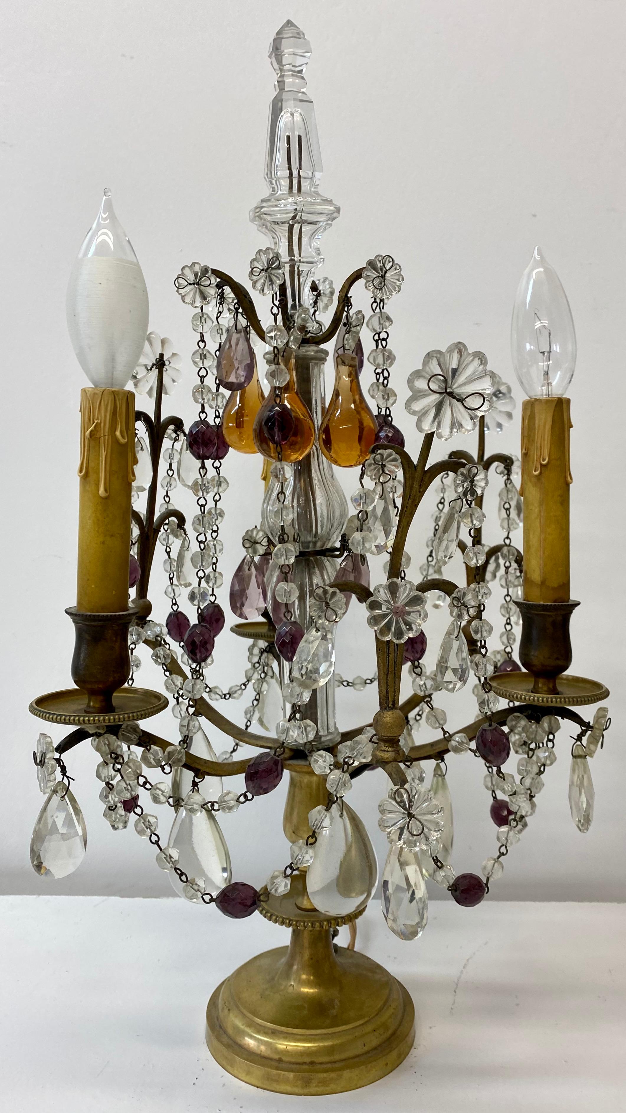 Pair of early 20th century table top four light candelabras, c.1910.

Gorgeous pressed and hand blown glass table top candelabras

The frames are made from cast bronze 

Each candelabra measures 4.5