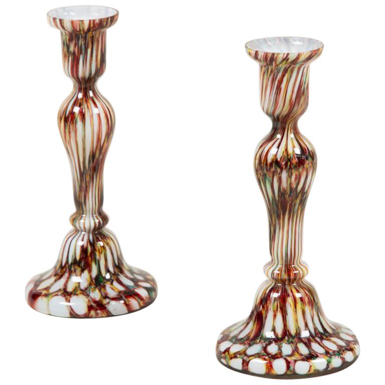 Pair of Early 20th Century Tapering Colored Glass Candlesticks For Sale