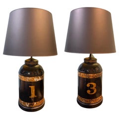 Pair of Early 20th Century Folk Art Tole Peinte Lamps with Black Shades