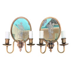 Pair of Early 20th Century Two-Arm Mirrored Oval Sconces with Etchings