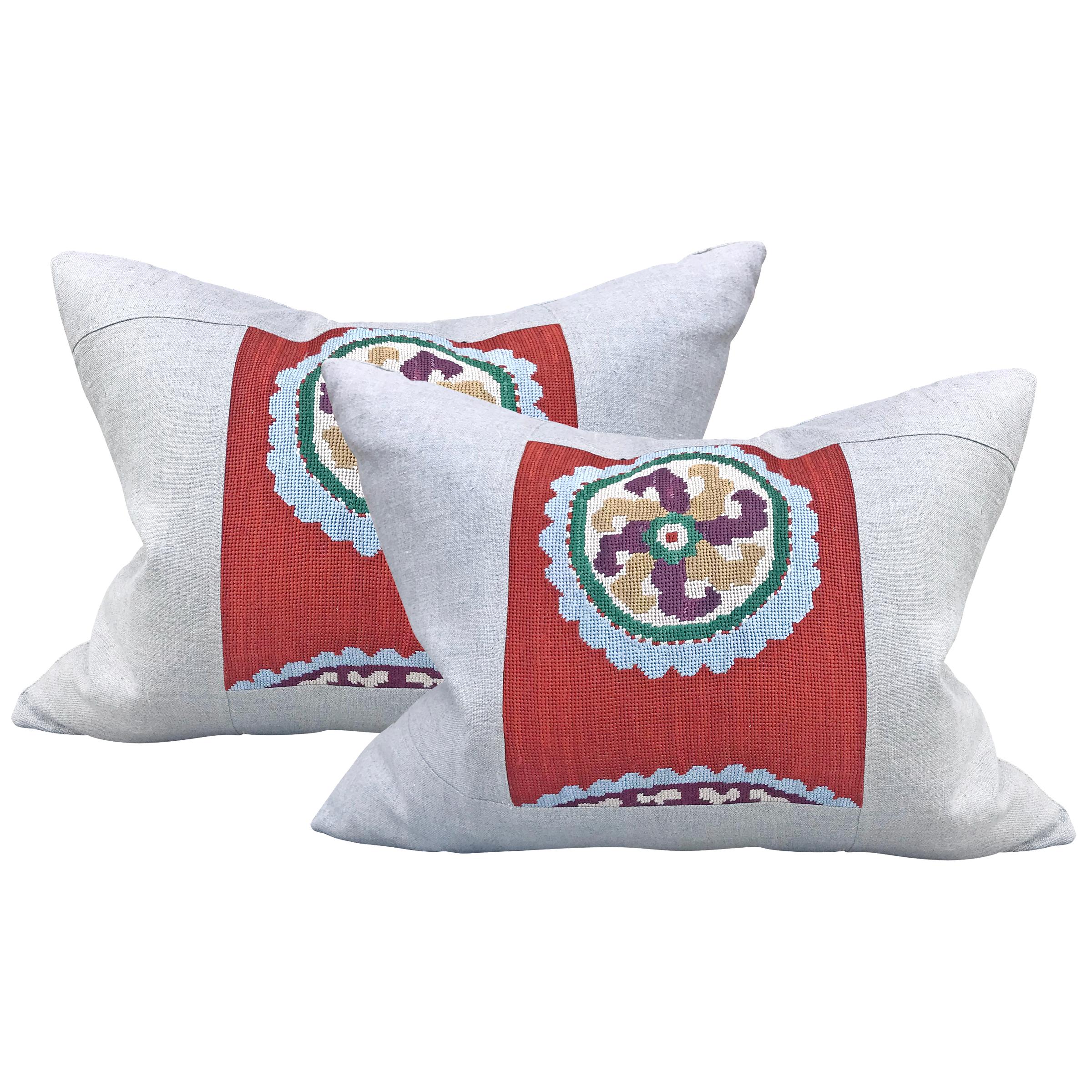 Pair of Early 20th Century Uzbek Embroidered Pillows